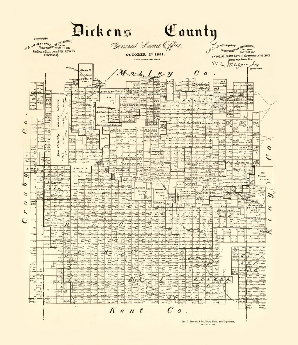 Vintage Map of Dickens County, Texas 1891