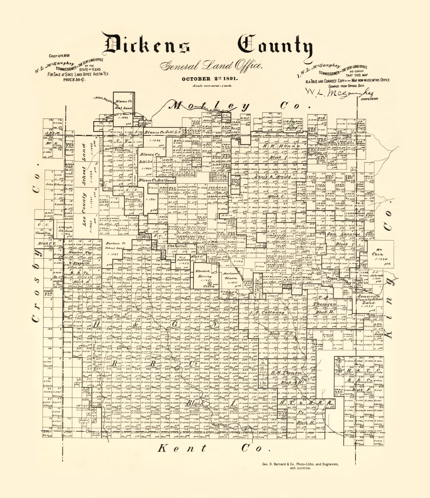 Vintage Map of Dickens County, Texas 1891