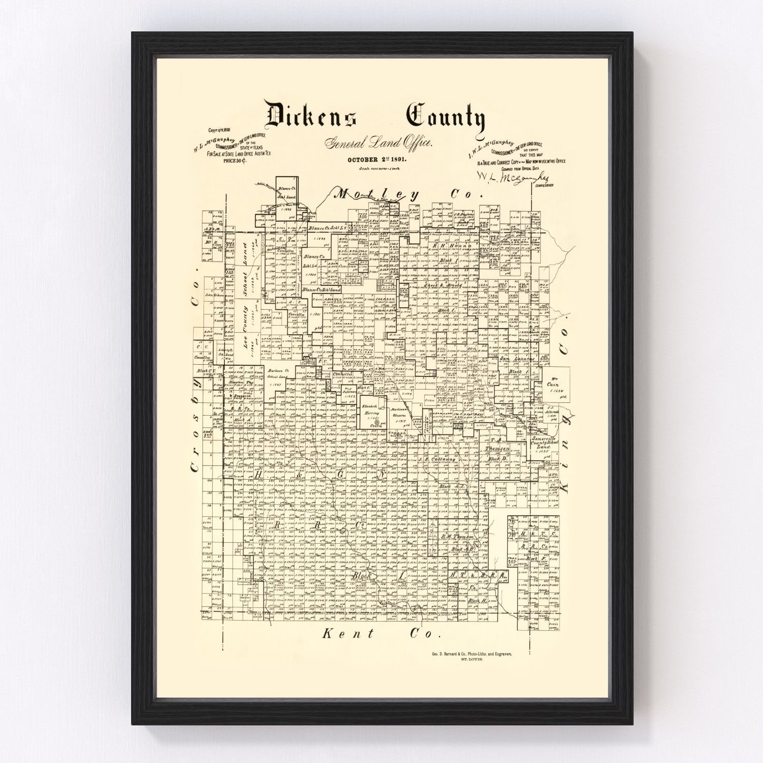 Vintage Map of Dickens County, Texas 1891