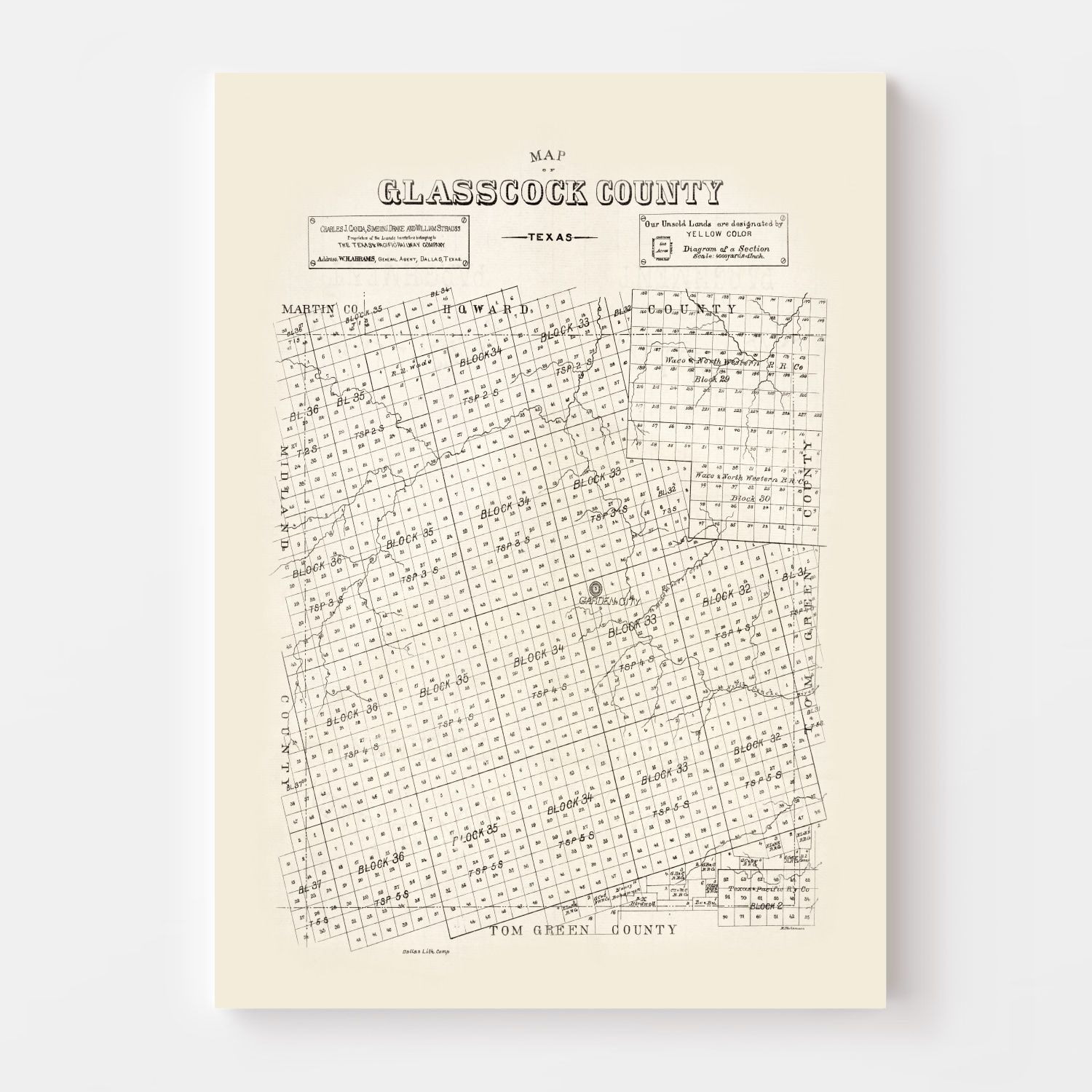 Vintage Map of Glasscock County, Texas 1890