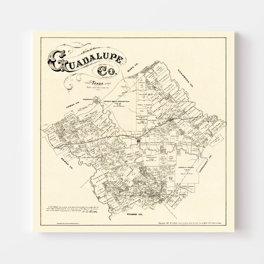 Vintage Map of Guadalupe County, Texas 1880