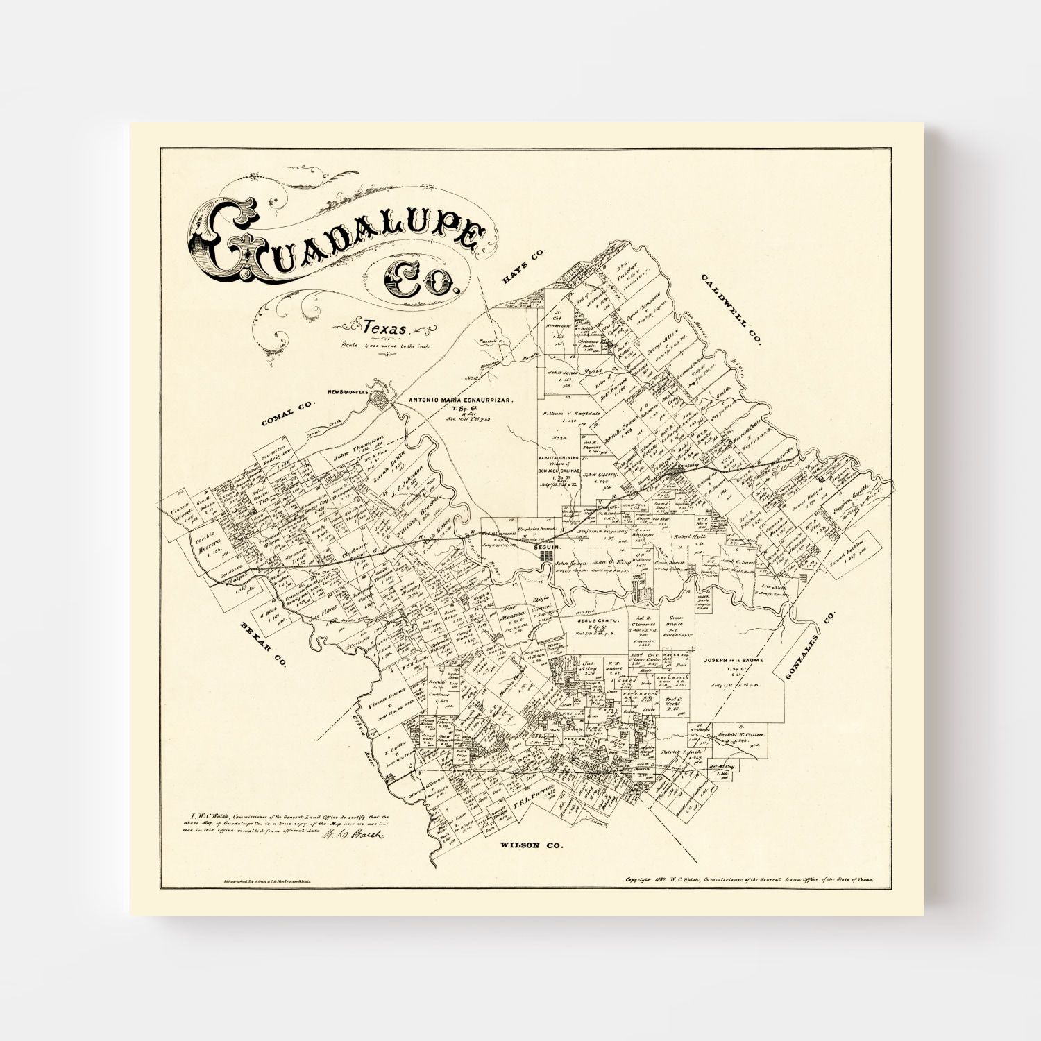 Vintage Map of Guadalupe County, Texas 1880
