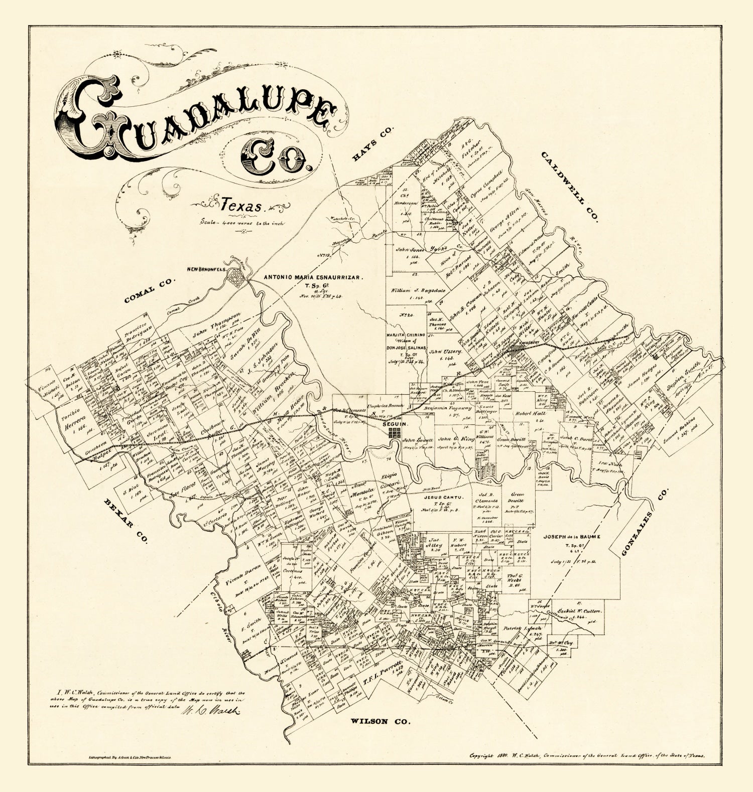 Vintage Map of Guadalupe County, Texas 1880