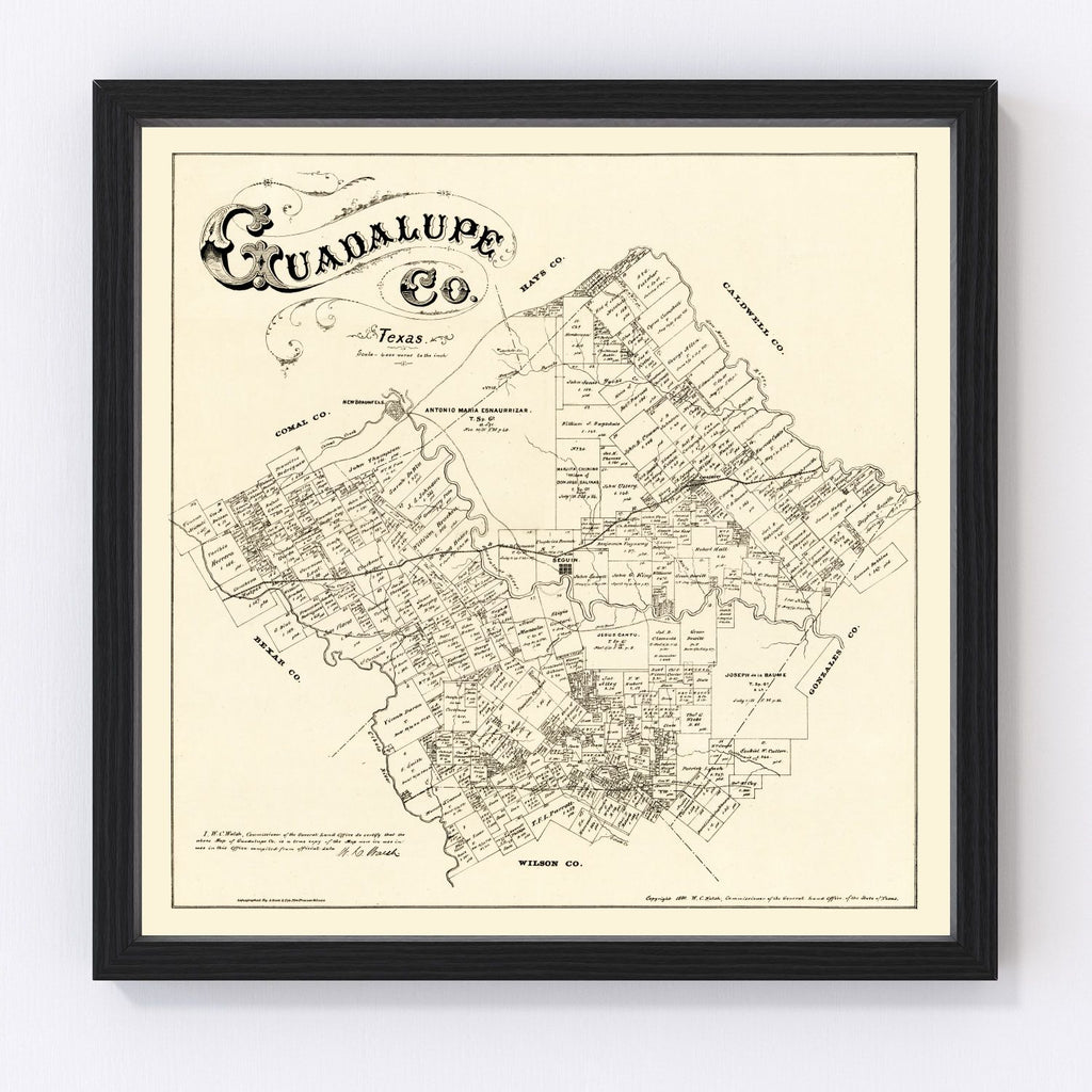 Vintage Map of Guadalupe County, Texas 1880