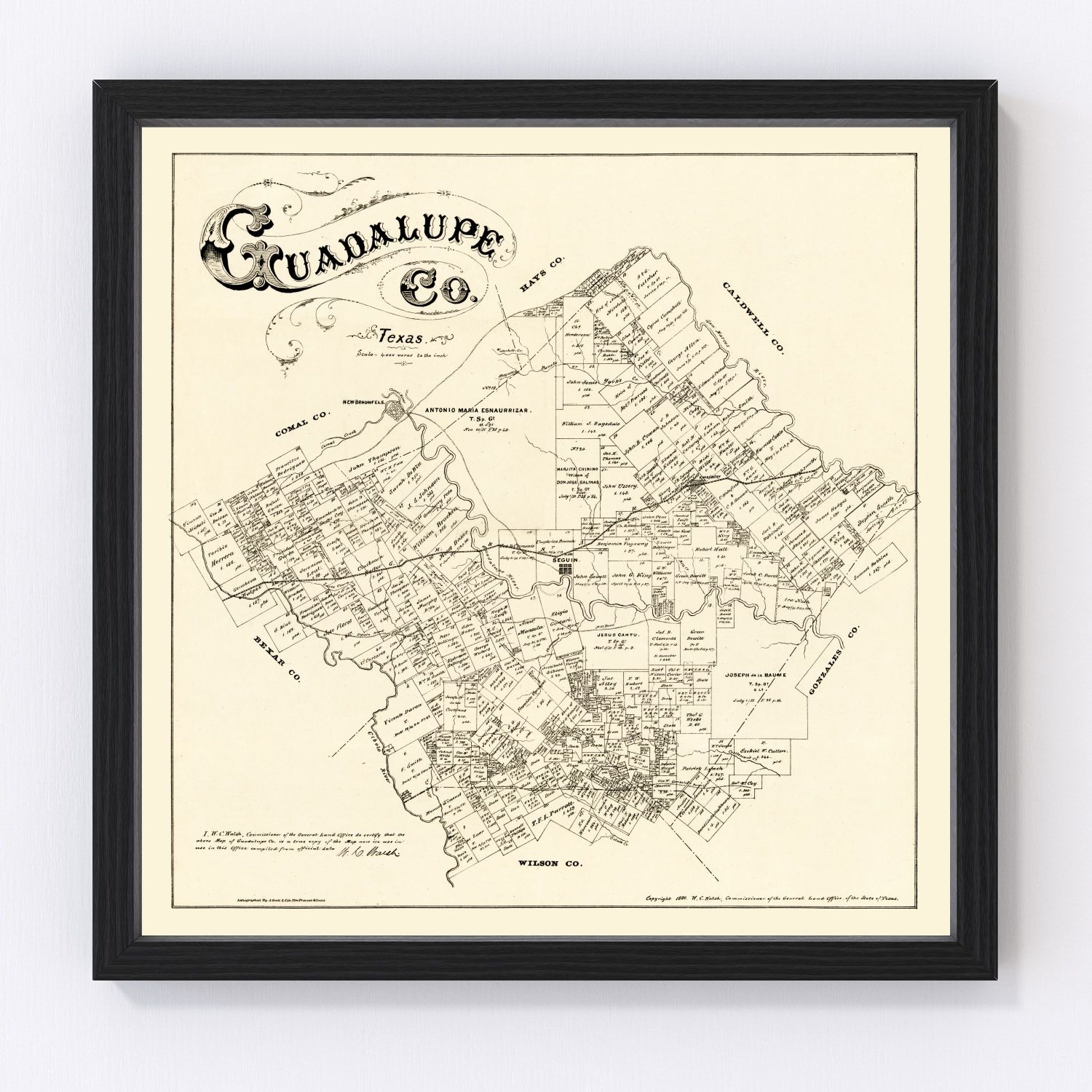 Vintage Map of Guadalupe County, Texas 1880