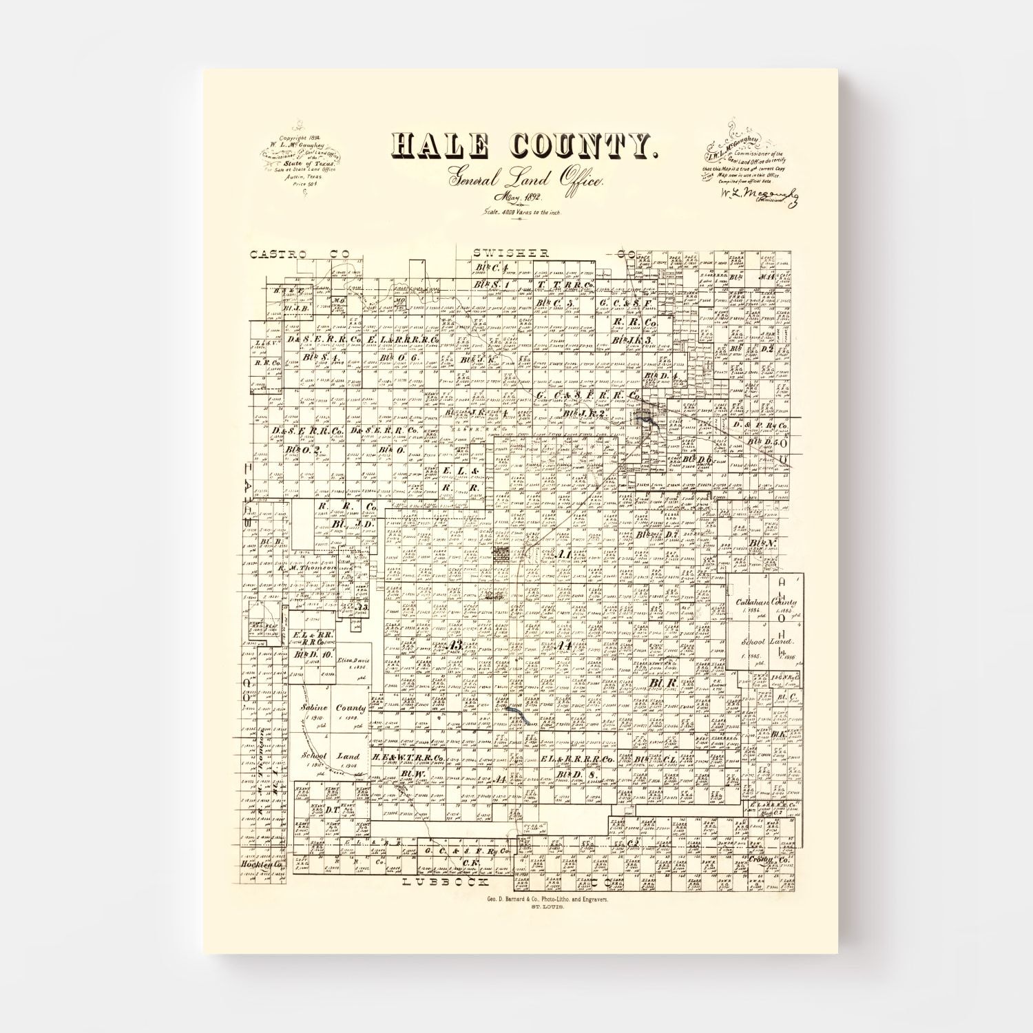 Vintage Map of Hale County, Texas 1892
