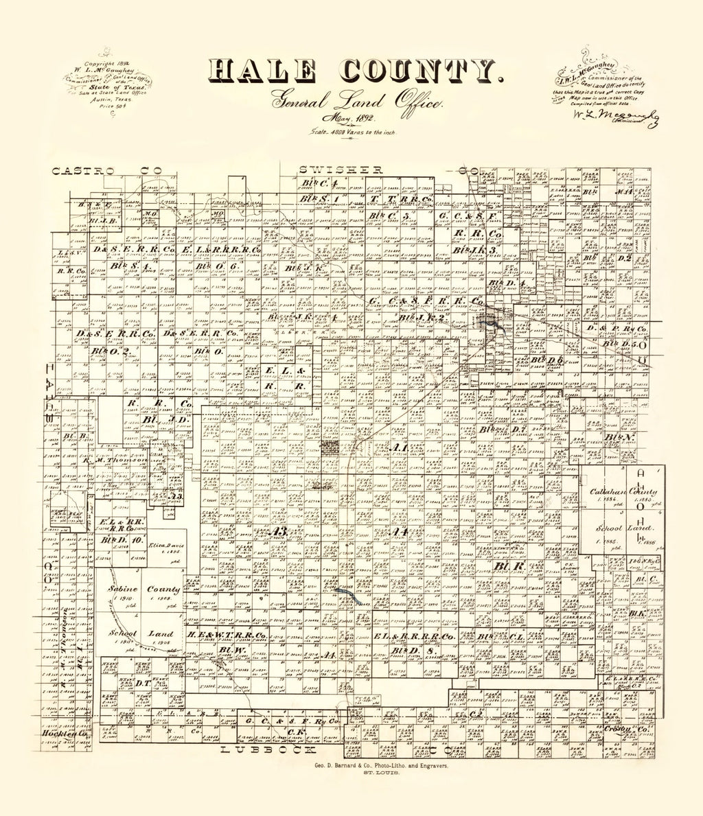 Vintage Map of Hale County, Texas 1892