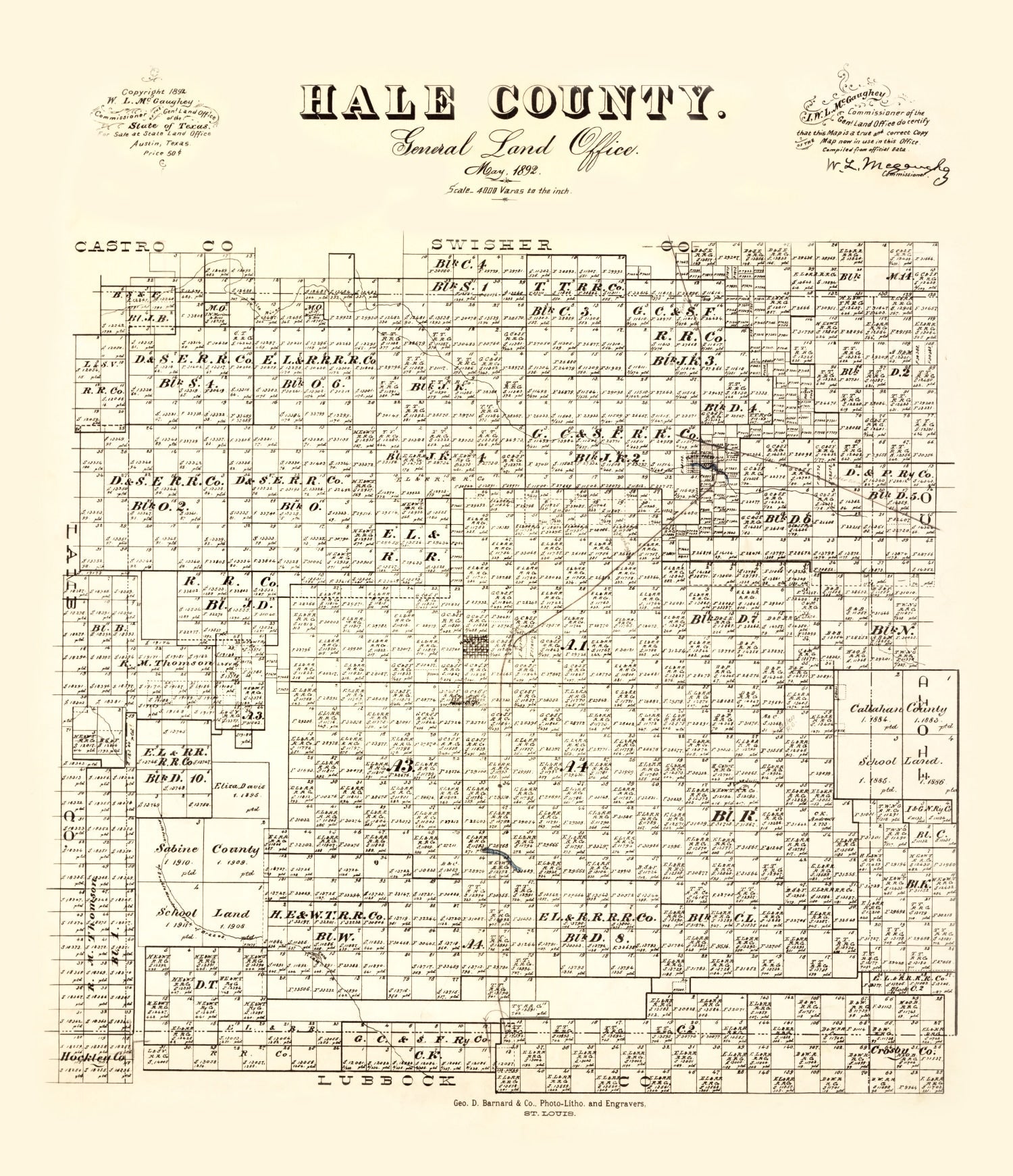 Vintage Map of Hale County, Texas 1892
