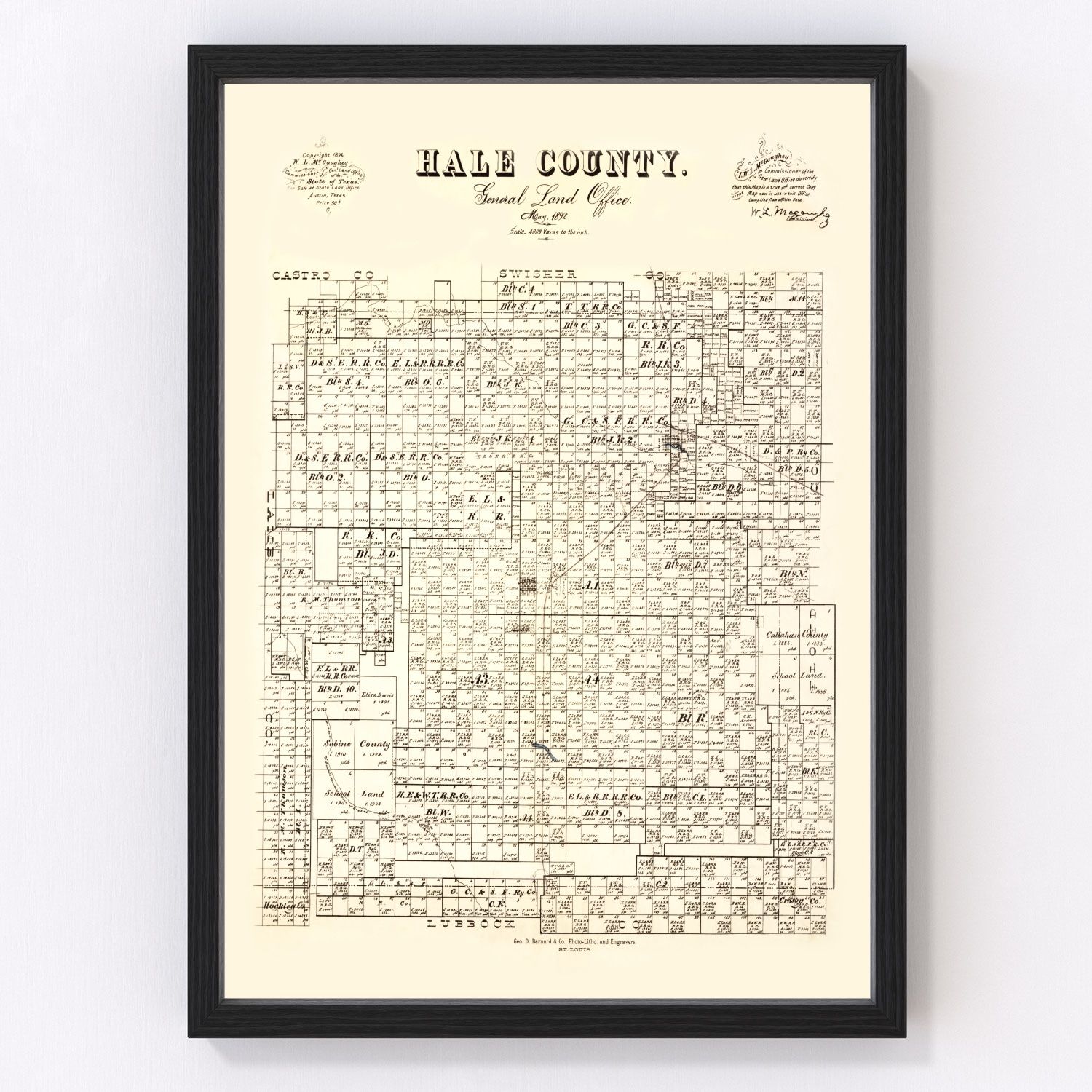 Vintage Map of Hale County, Texas 1892
