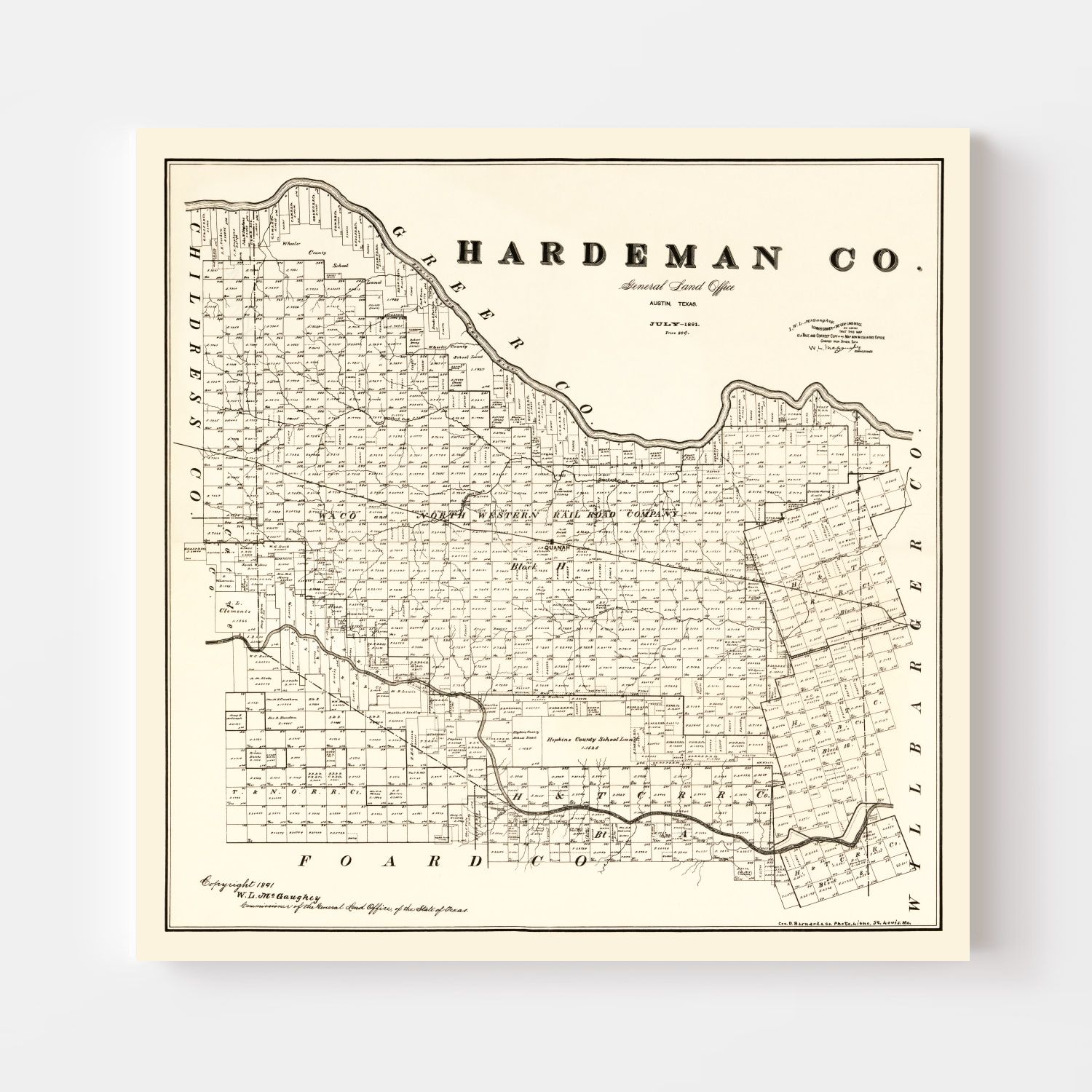 Vintage Map of Hardeman County, Texas 1891