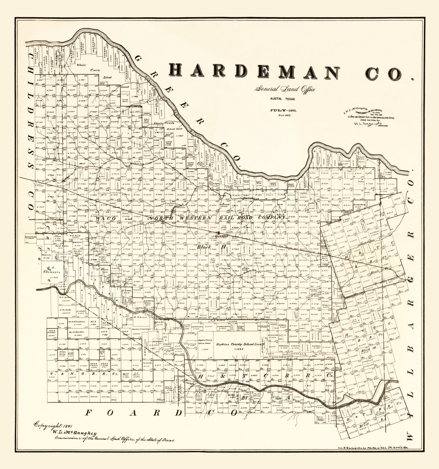 Vintage Map of Hardeman County, Texas 1891