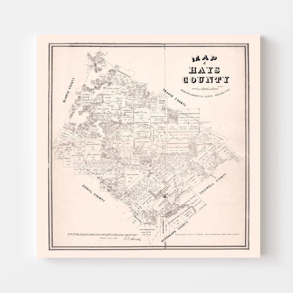 Vintage Map of Hays County, Texas 1880