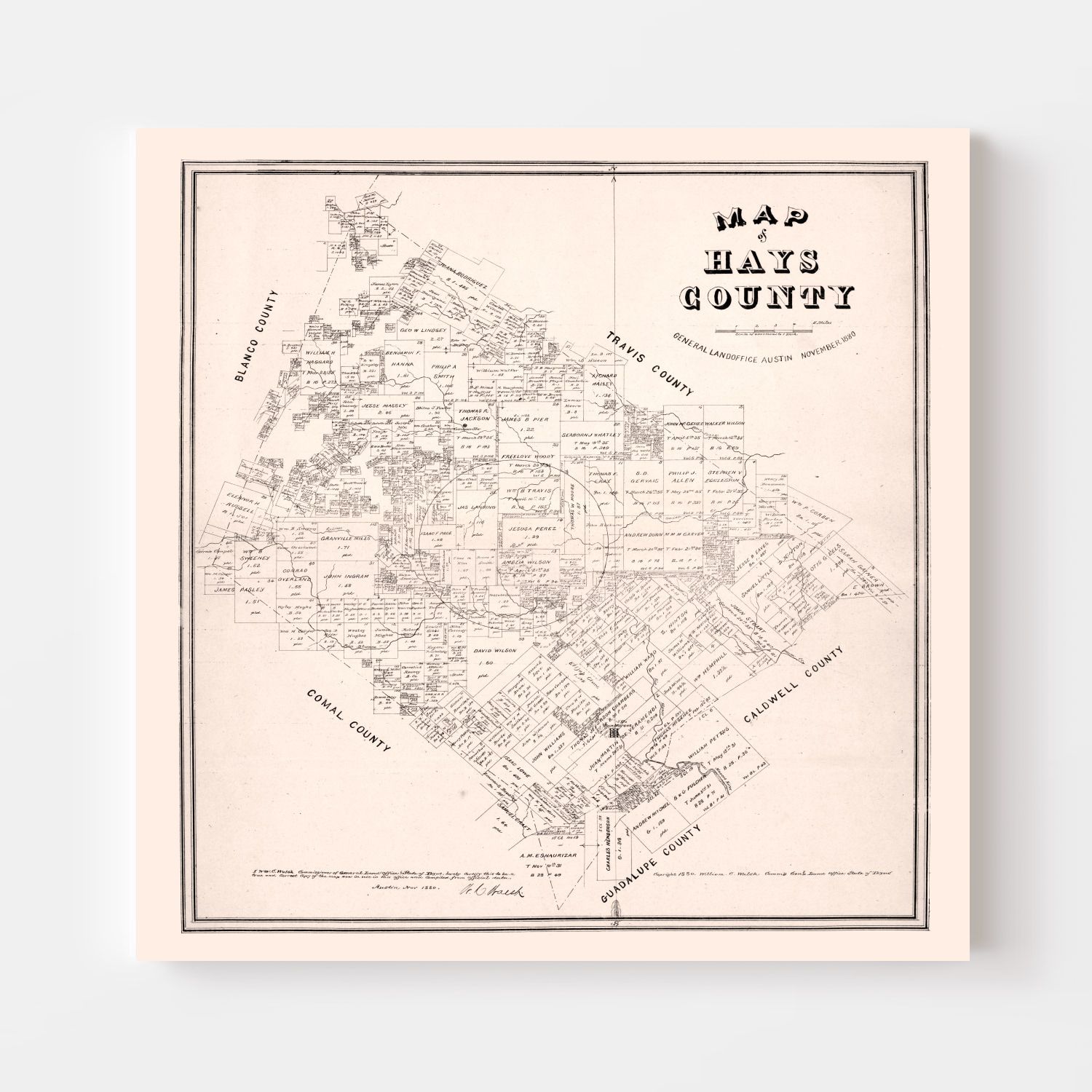Vintage Map of Hays County, Texas 1880