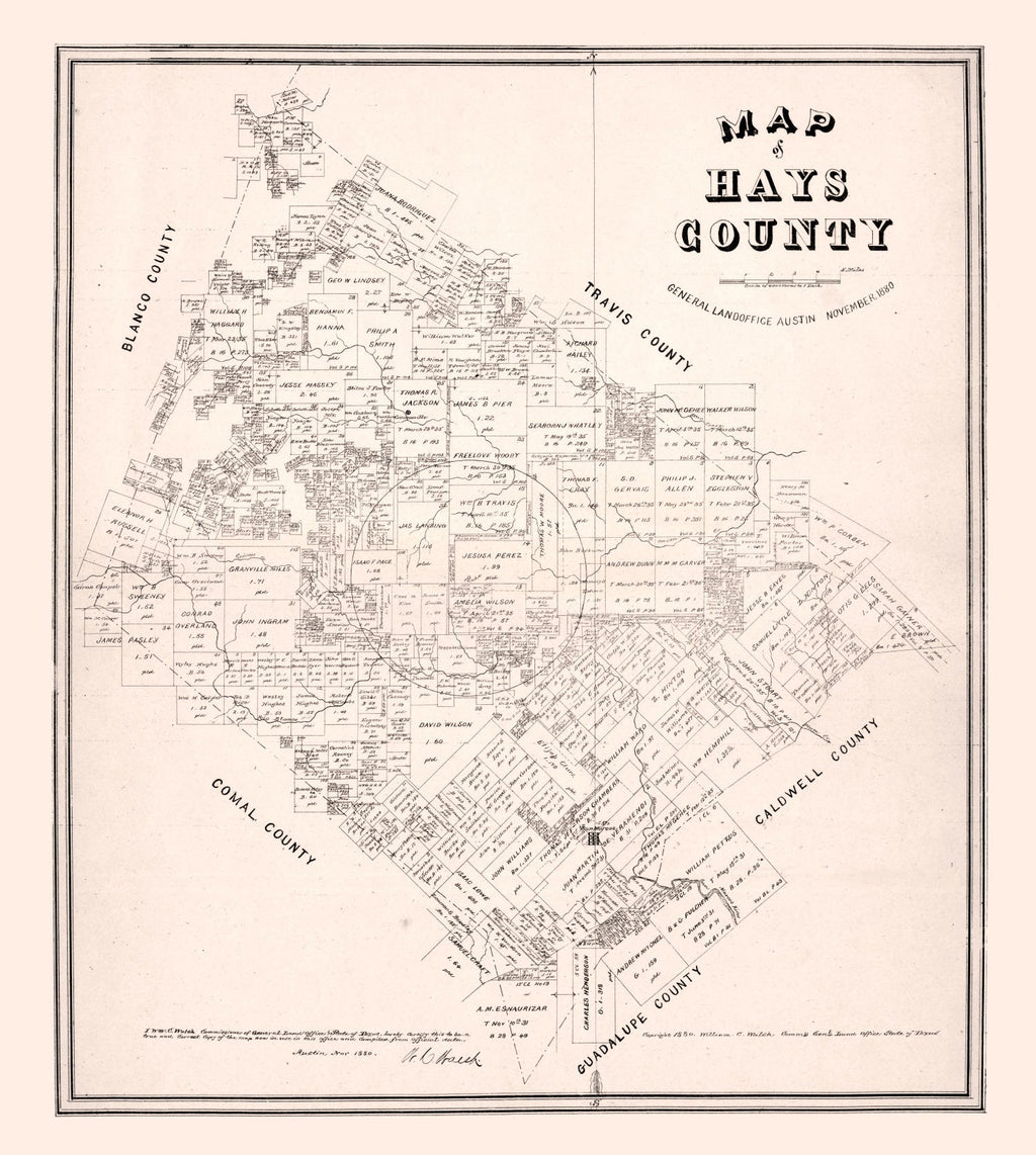 Vintage Map of Hays County, Texas 1880