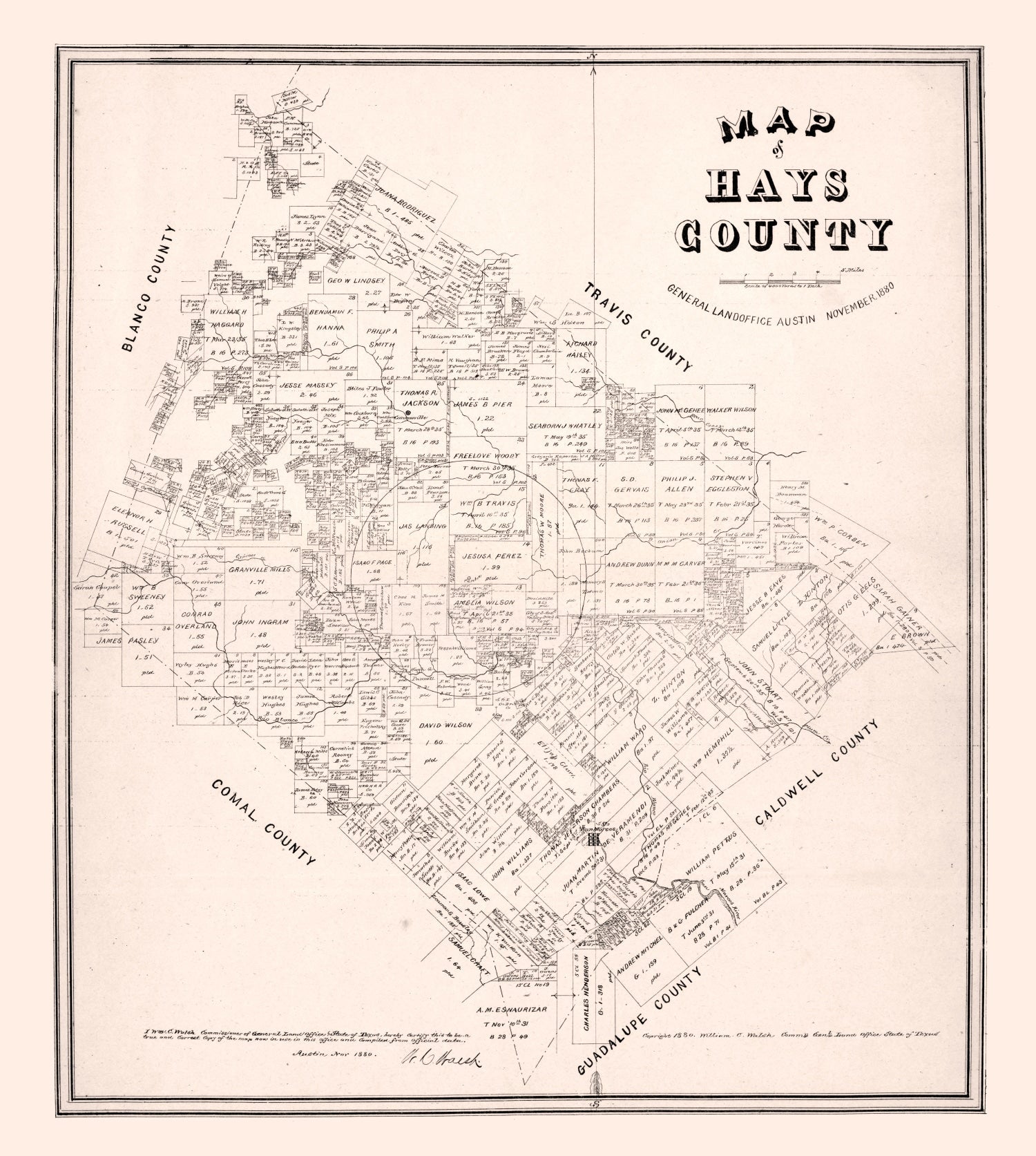Vintage Map of Hays County, Texas 1880
