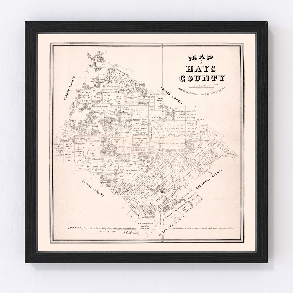 Vintage Map of Hays County, Texas 1880