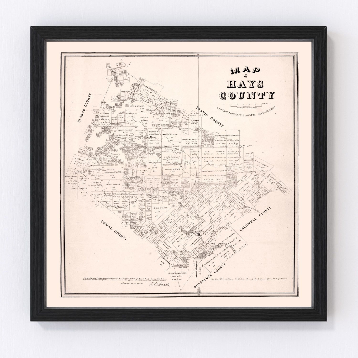 Vintage Map of Hays County, Texas 1880