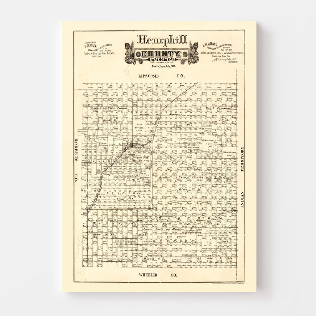 Vintage Map of Hemphill County, Texas 1888