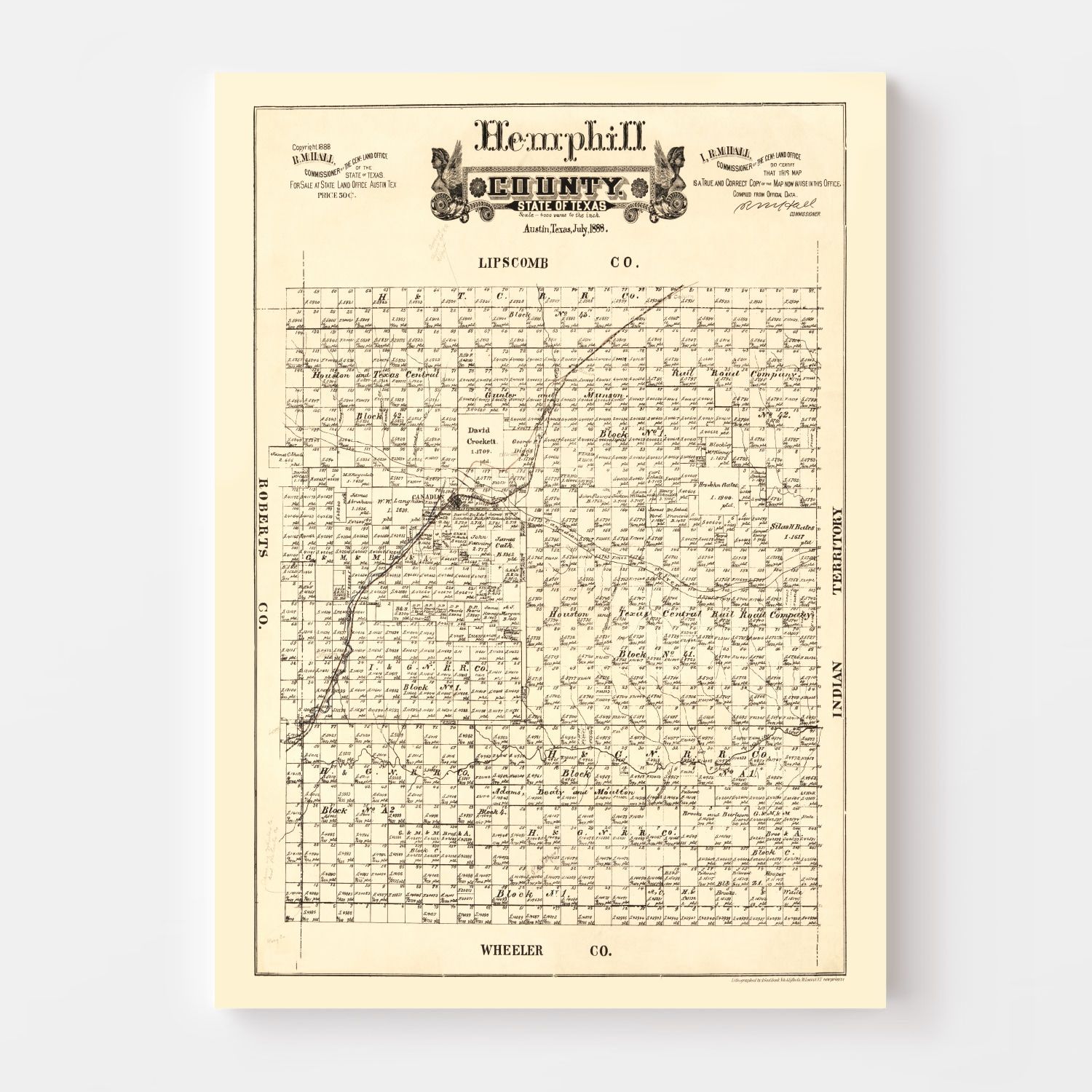 Vintage Map of Hemphill County, Texas 1888