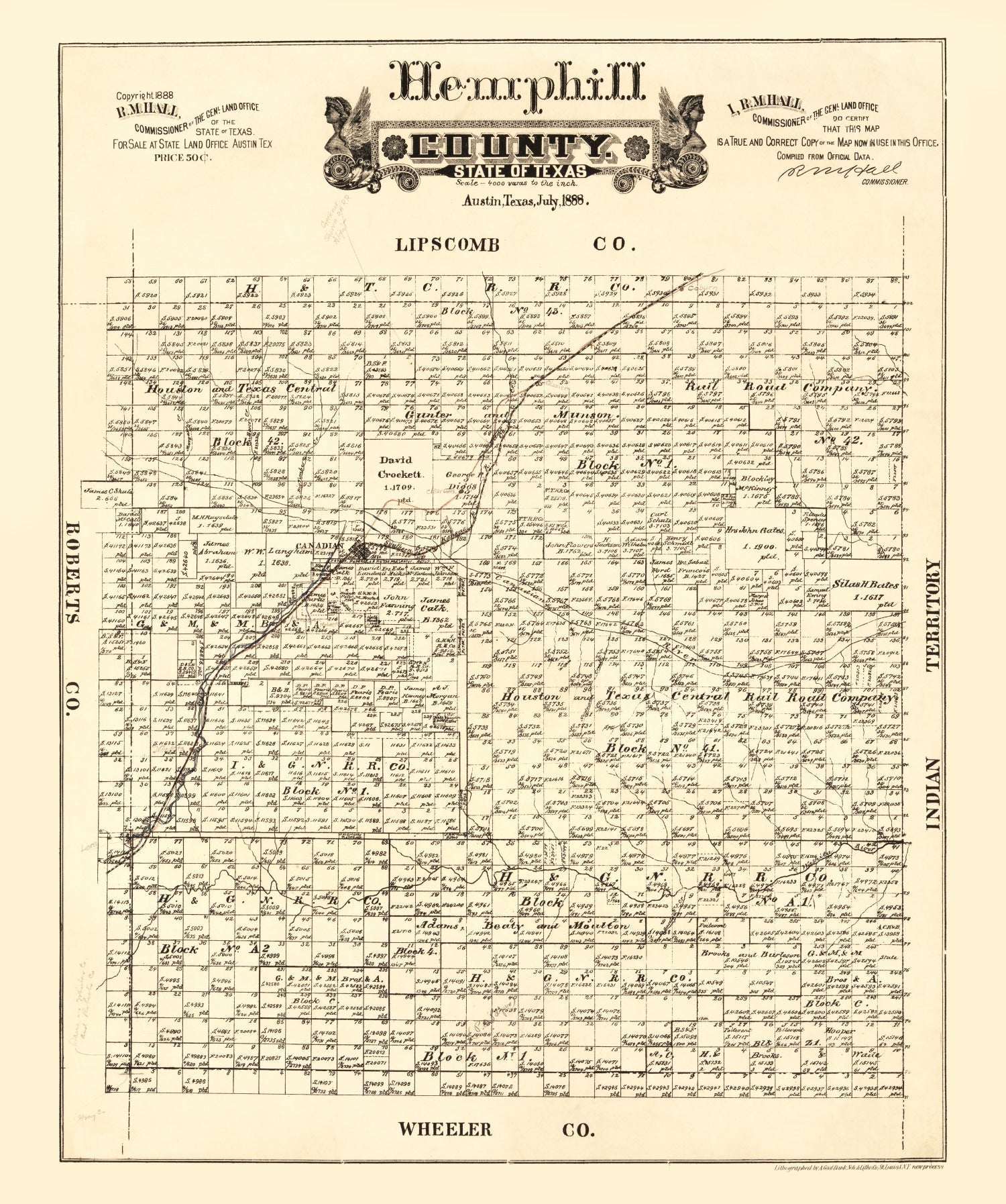 Vintage Map of Hemphill County, Texas 1888