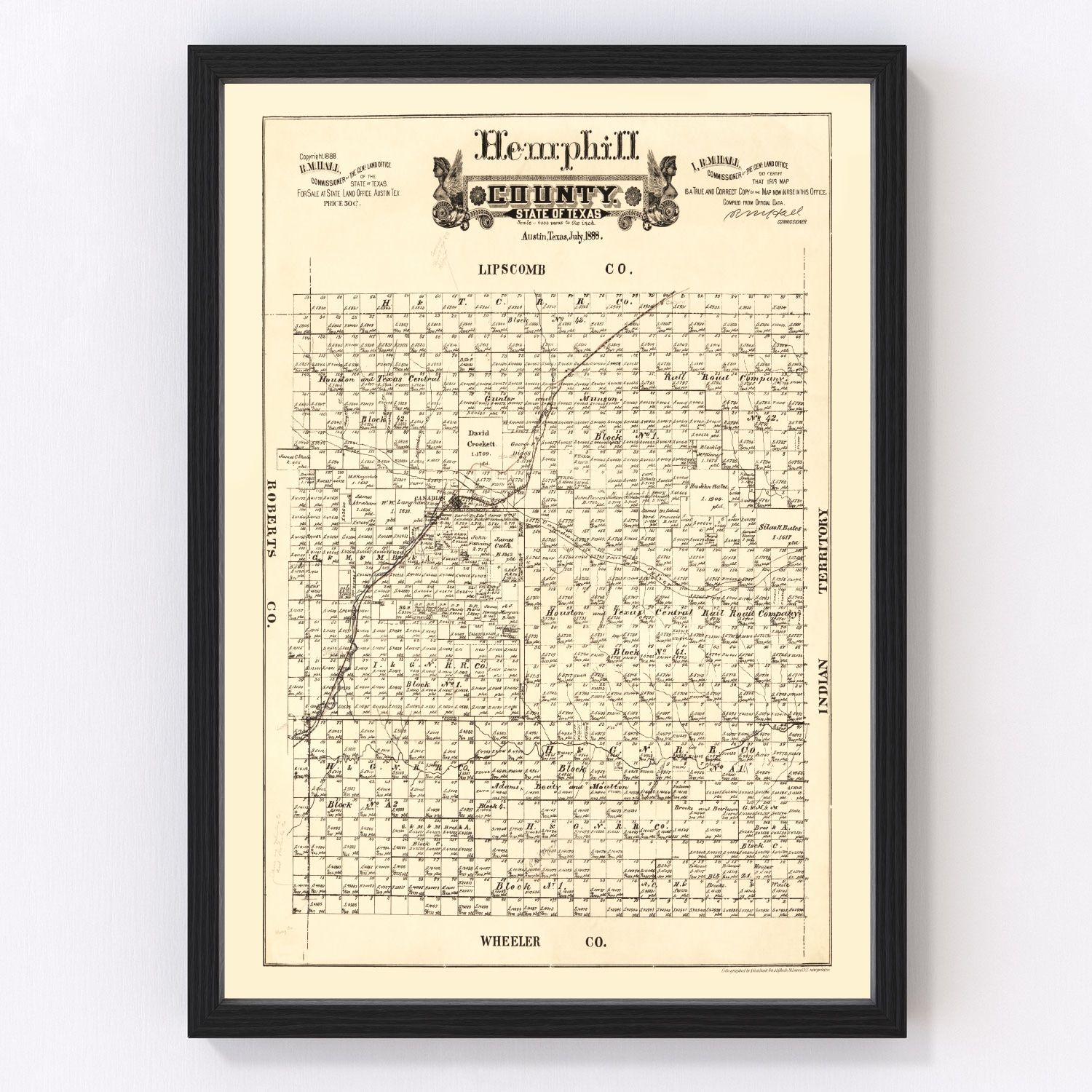 Vintage Map of Hemphill County, Texas 1888