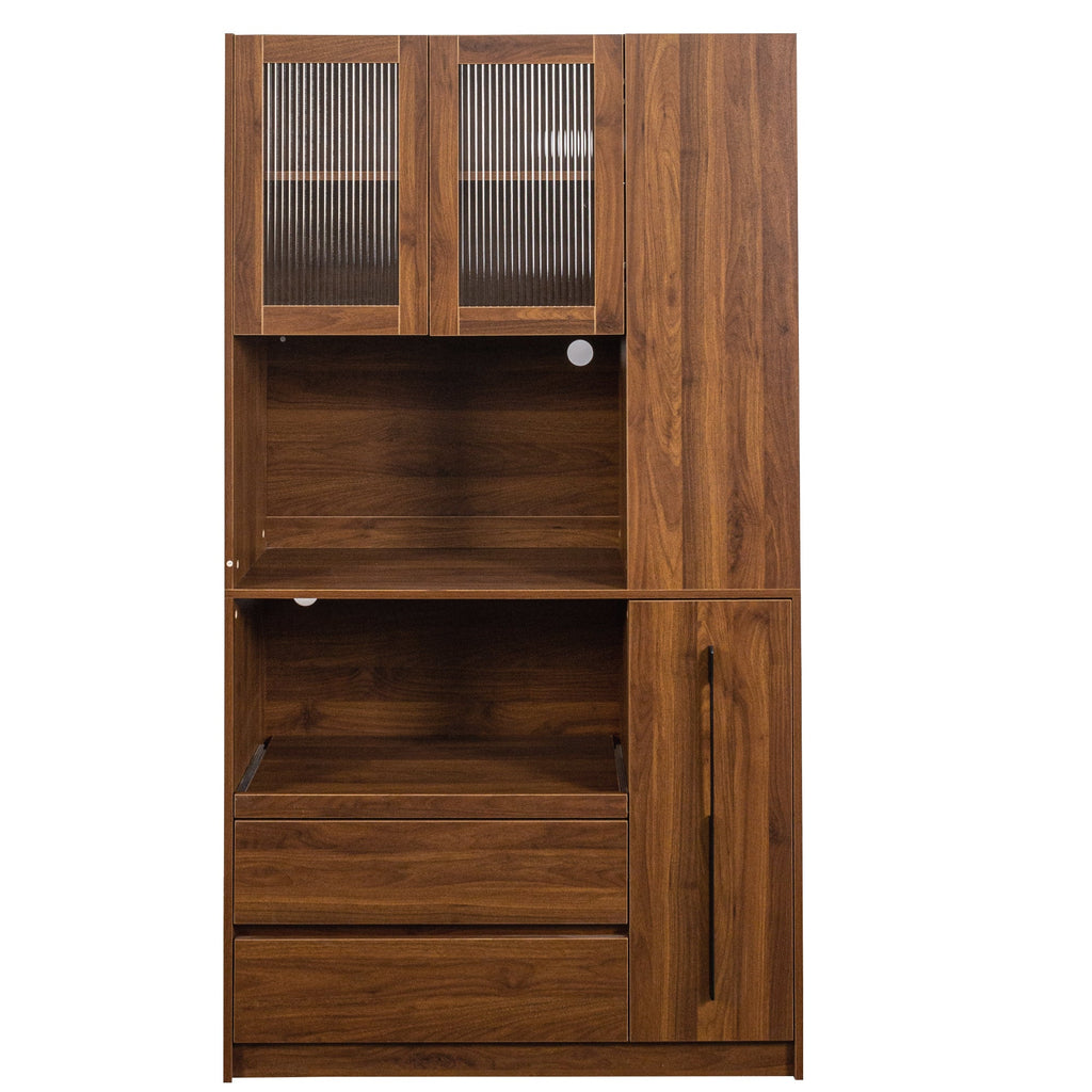 70.87' Tall Kitchen Pantry Cabinet with multi-functional pull-out multi-tier storage shelf,  4-Tier side Shelf, 2 Drawers,with Glass Door,Freestanding Food Hutch with Microwave Stand for Dining Room