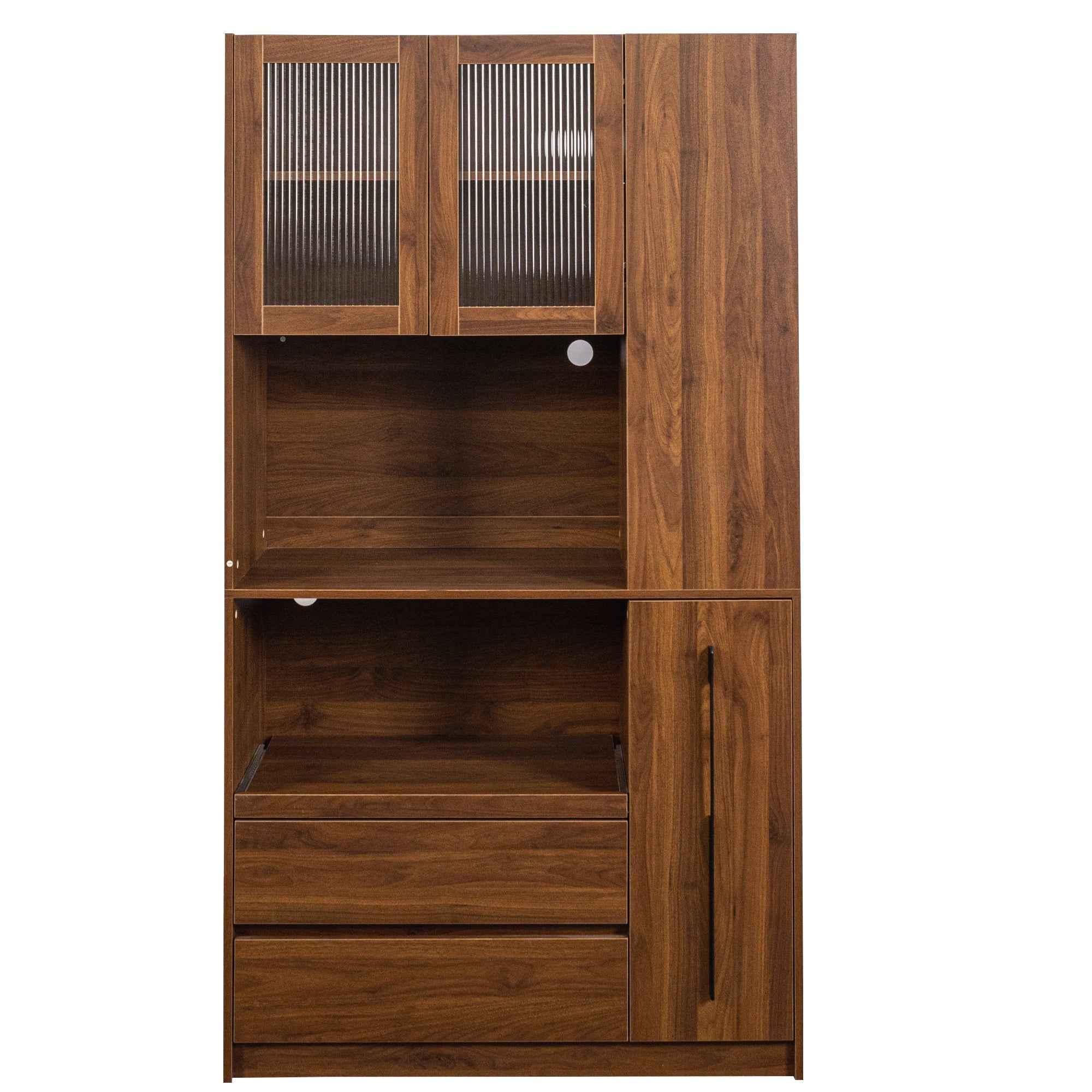 70.87' Tall Kitchen Pantry Cabinet with multi-functional pull-out multi-tier storage shelf,  4-Tier side Shelf, 2 Drawers,with Glass Door,Freestanding Food Hutch with Microwave Stand for Dining Room