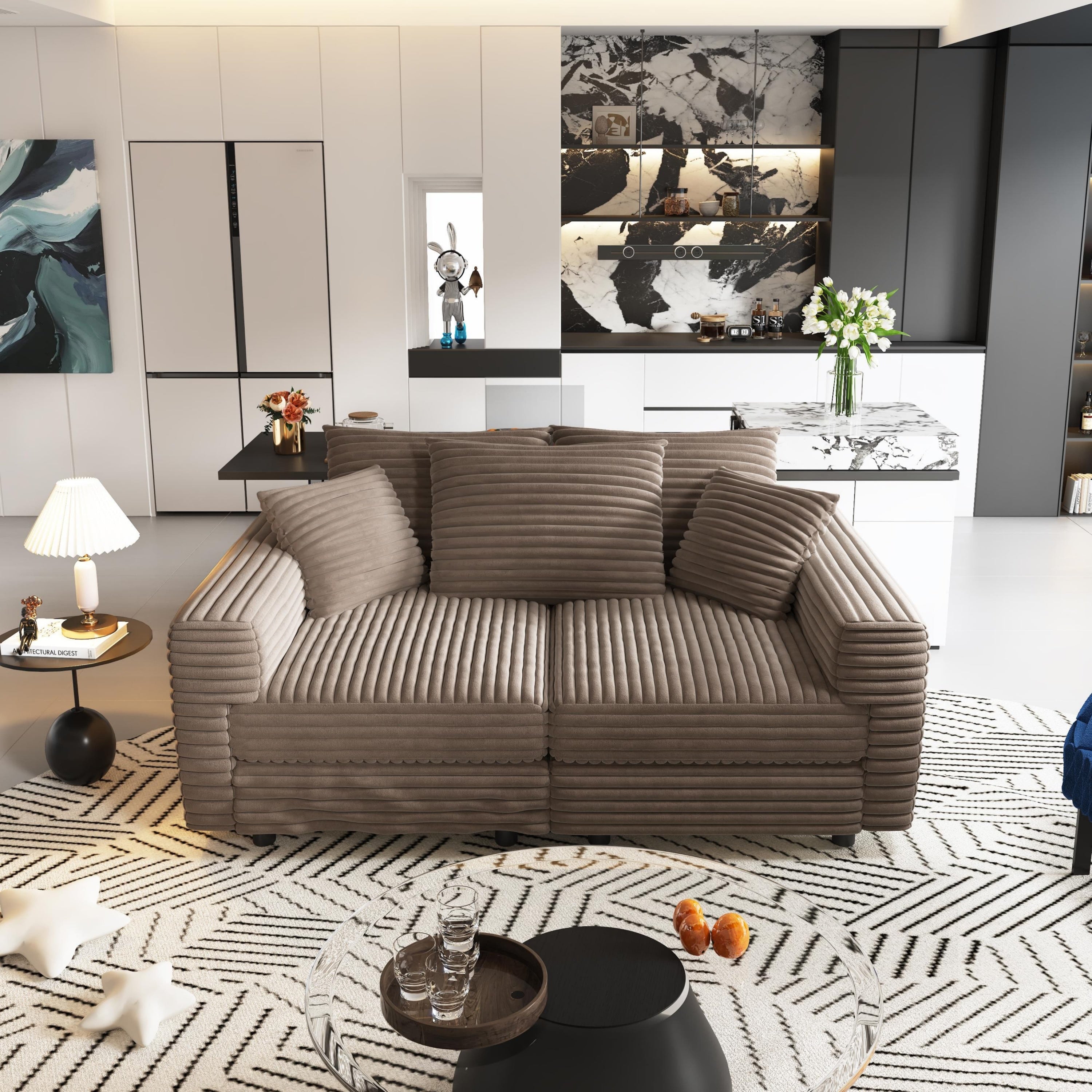 82.7 ' Plush Corduroy 3-Seat Sofa, Modern Comfy Upholstered Sofa Cloud Couch, Deep Seat Couches with Soft Pillows and 1 Ottomans, Convertible Sofa Lounge Chair, for Living Room,Apartment,Office,Camel