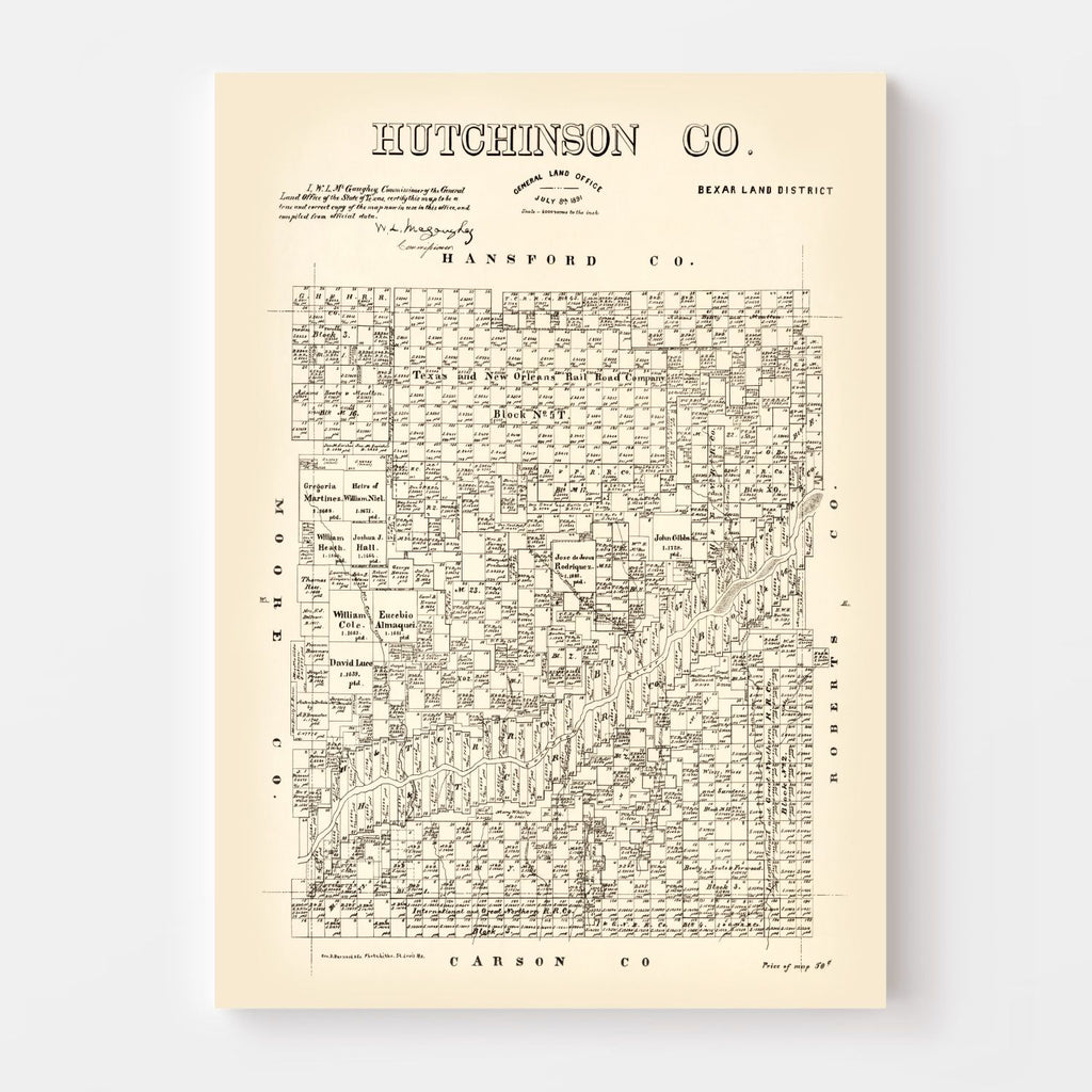 Vintage Map of Hutchinson County, Texas 1891