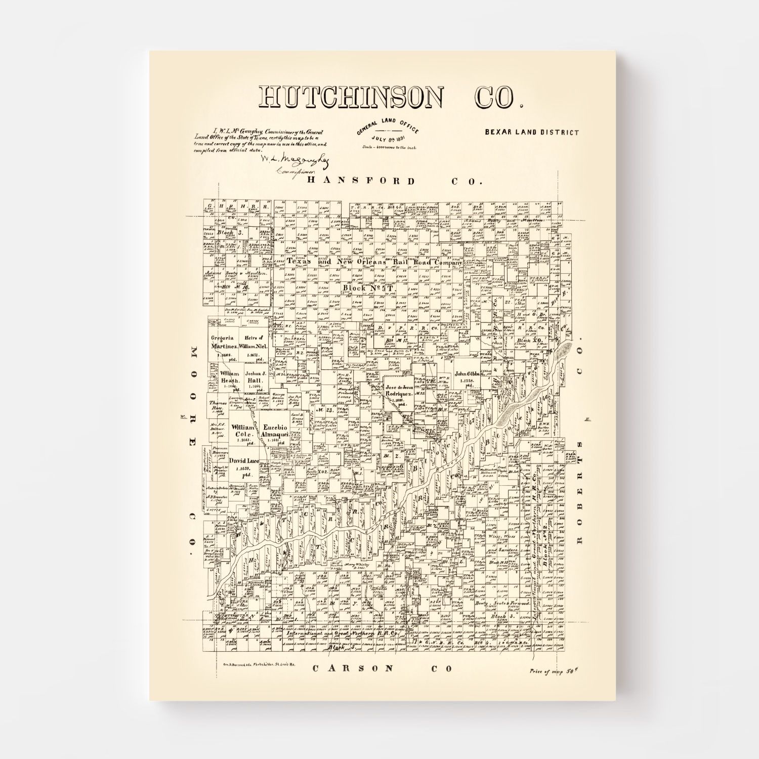 Vintage Map of Hutchinson County, Texas 1891