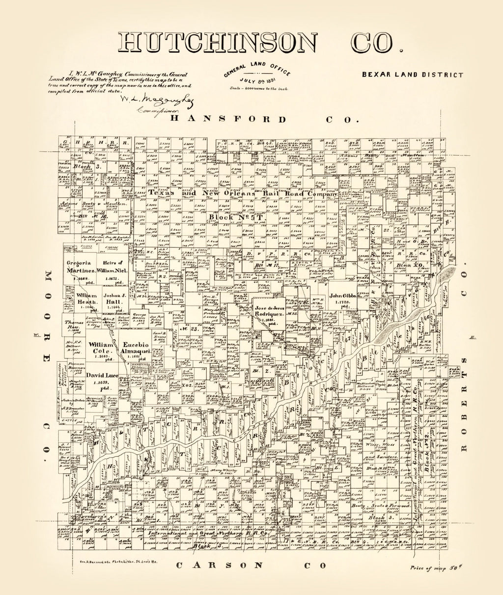 Vintage Map of Hutchinson County, Texas 1891