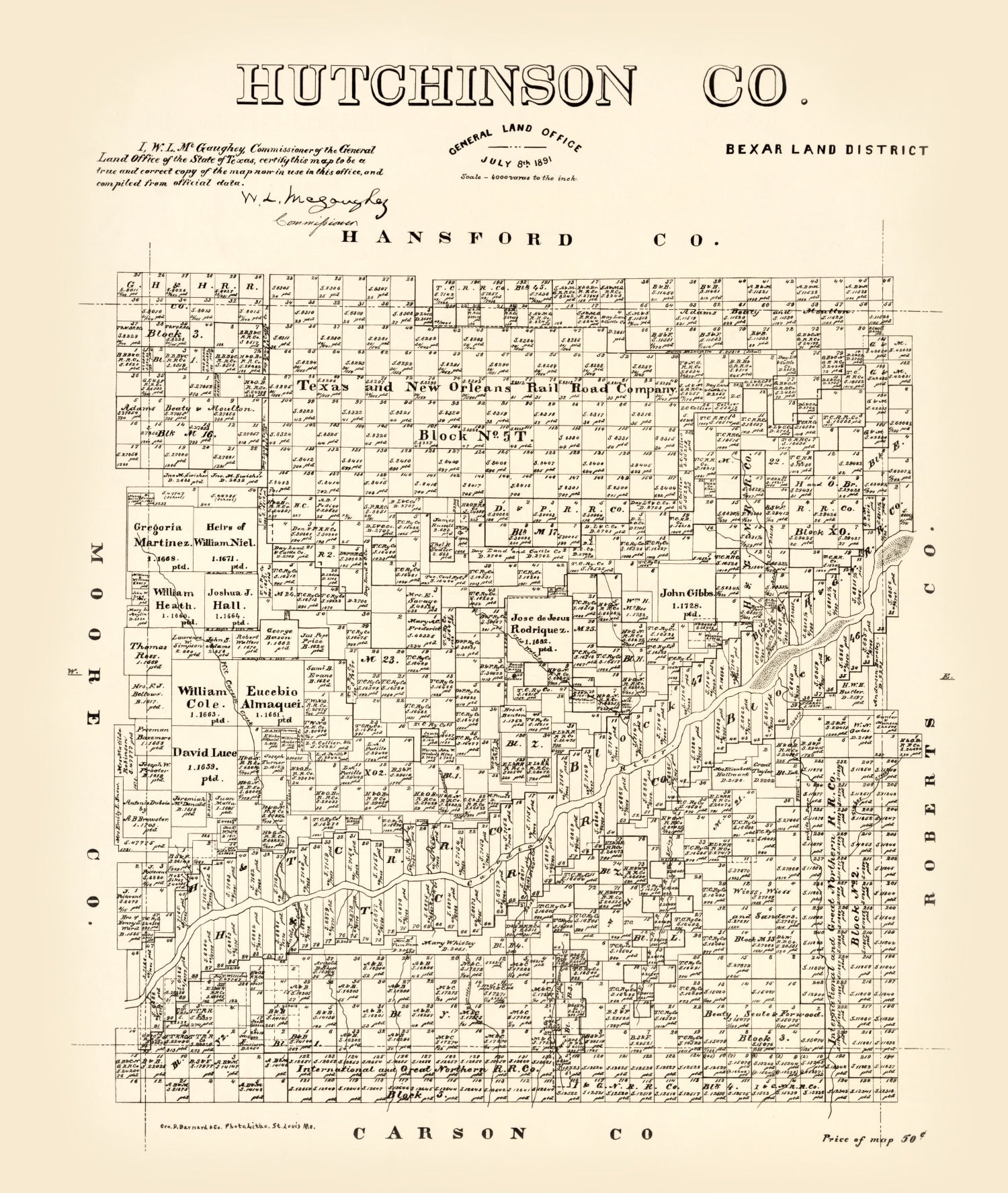 Vintage Map of Hutchinson County, Texas 1891