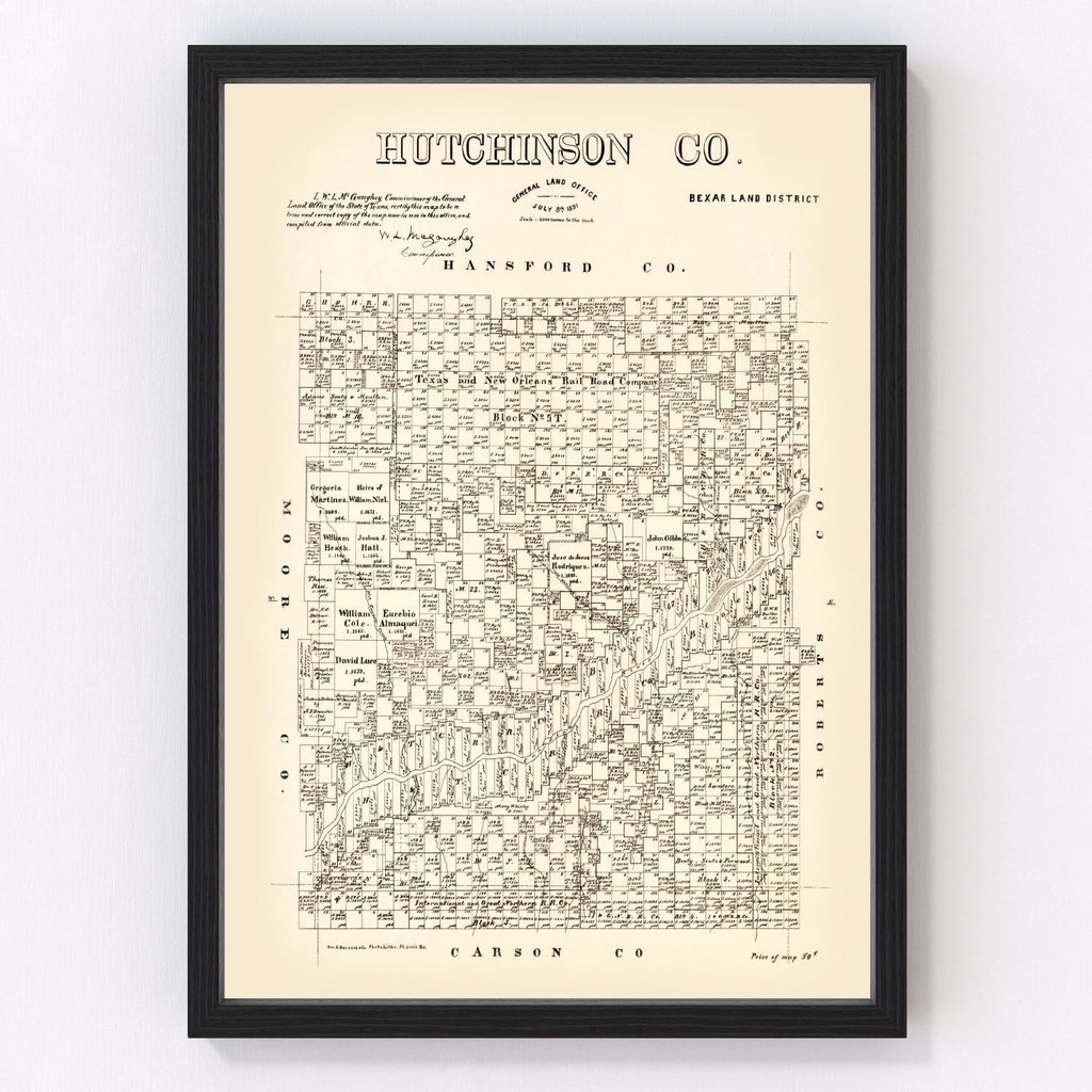 Vintage Map of Hutchinson County, Texas 1891