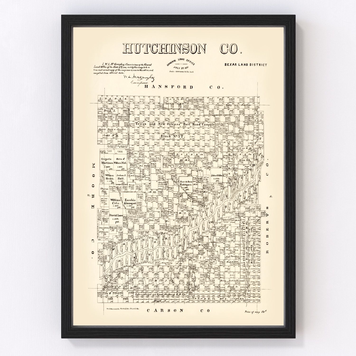 Vintage Map of Hutchinson County, Texas 1891
