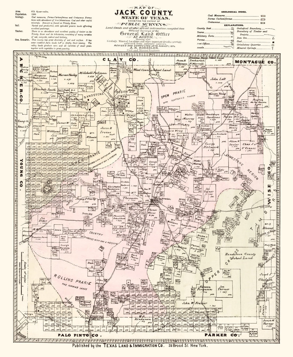 Vintage Map of Jack County, Texas 1876