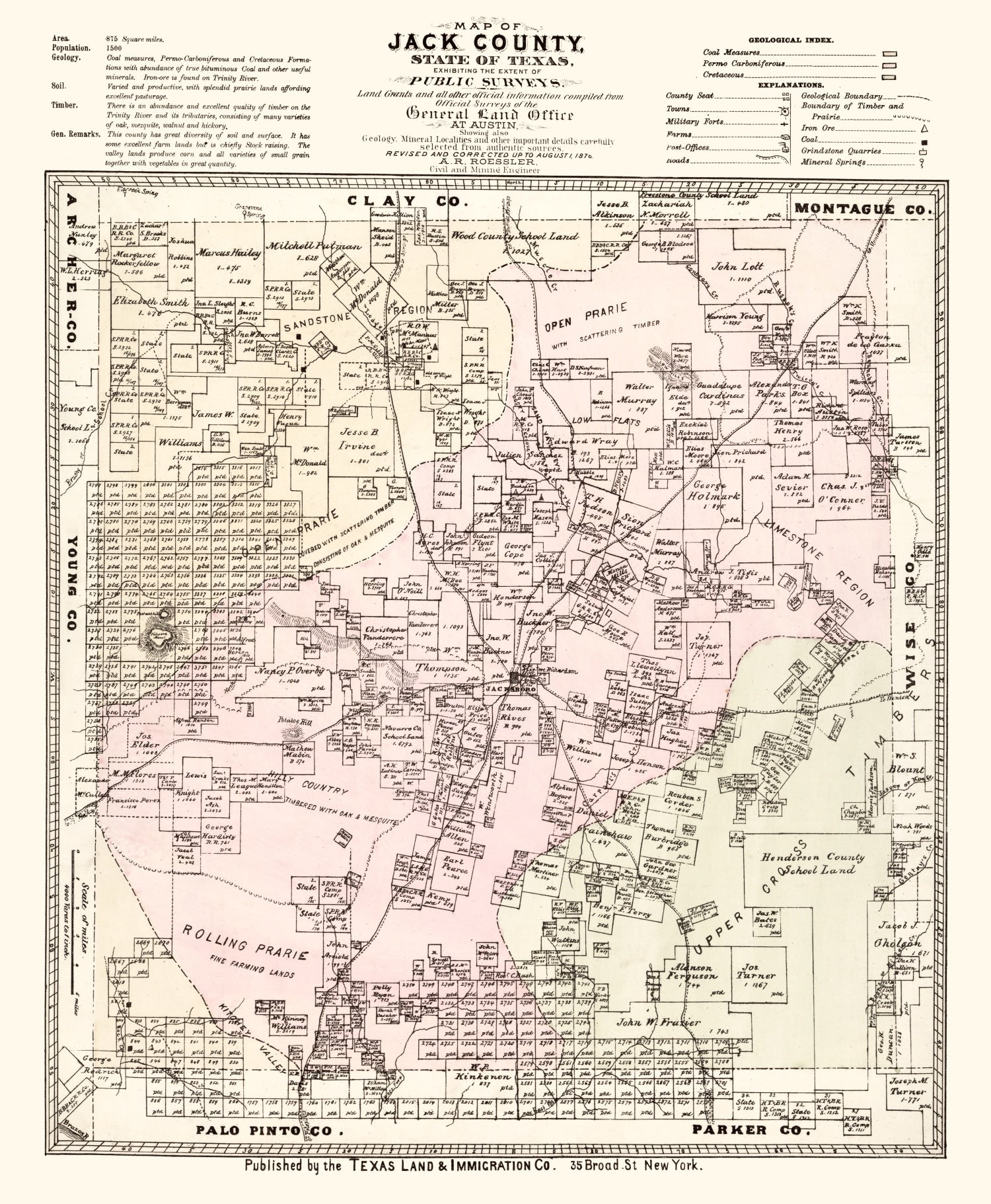 Vintage Map of Jack County, Texas 1876