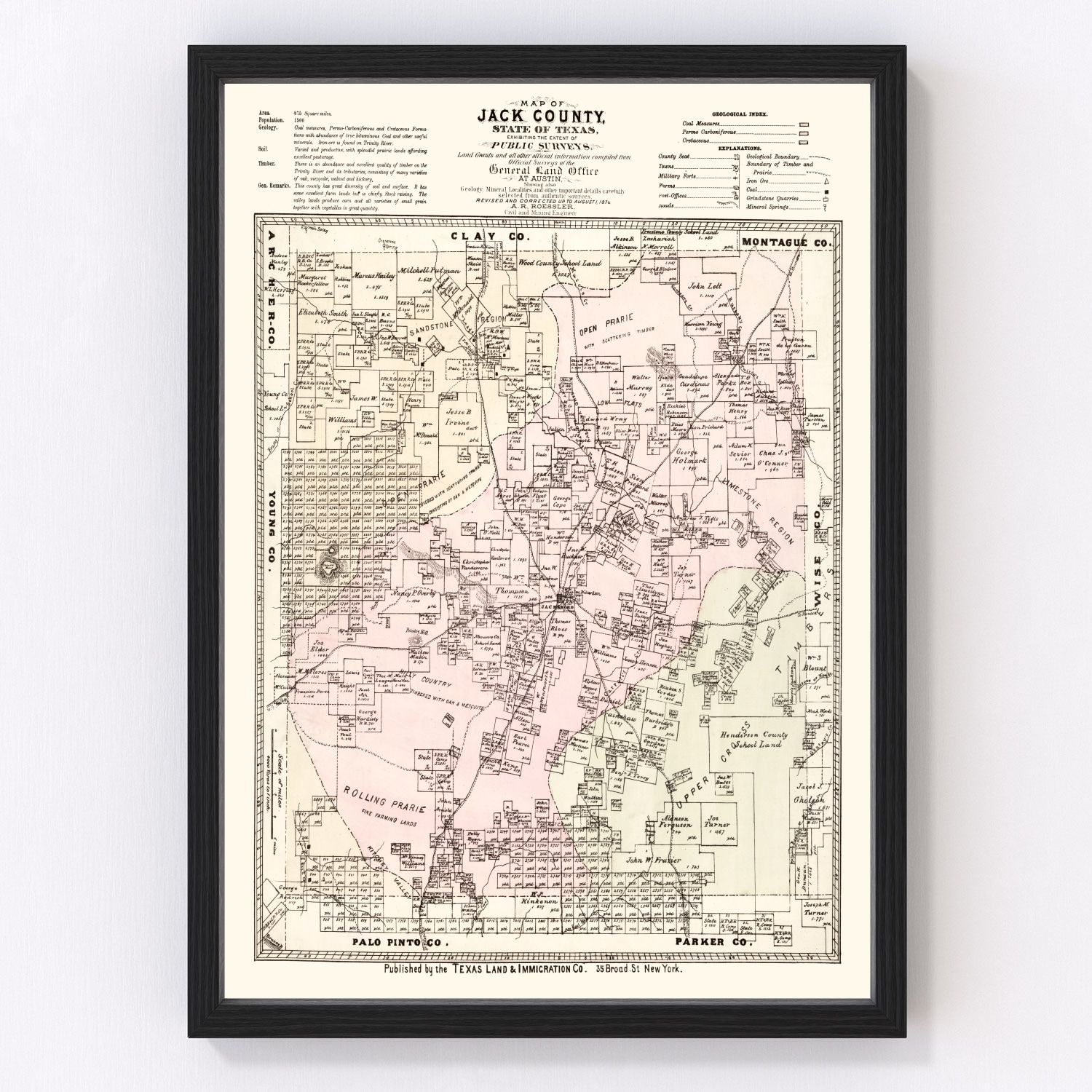 Vintage Map of Jack County, Texas 1876