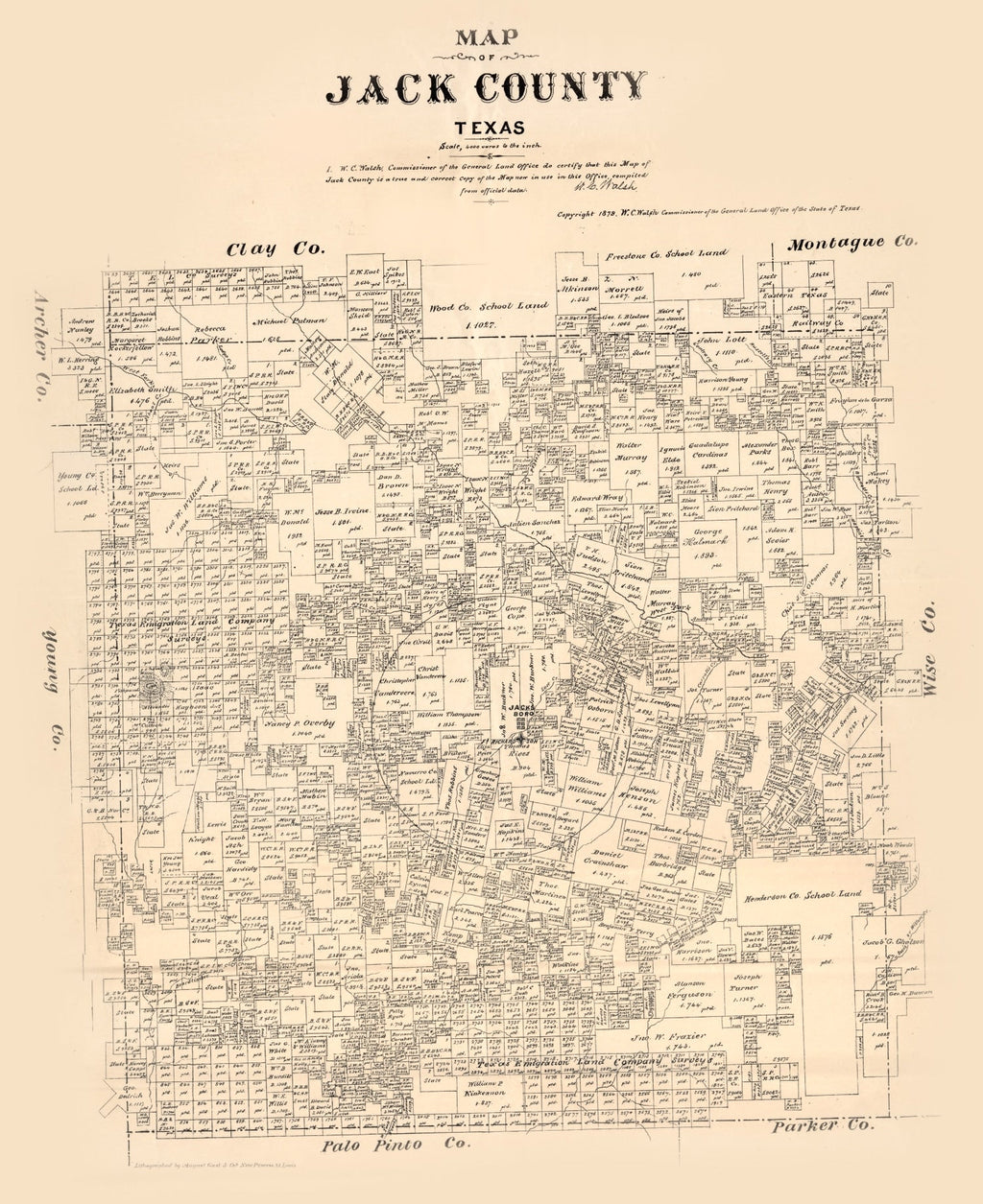 Vintage Map of Jack County, Texas 1879