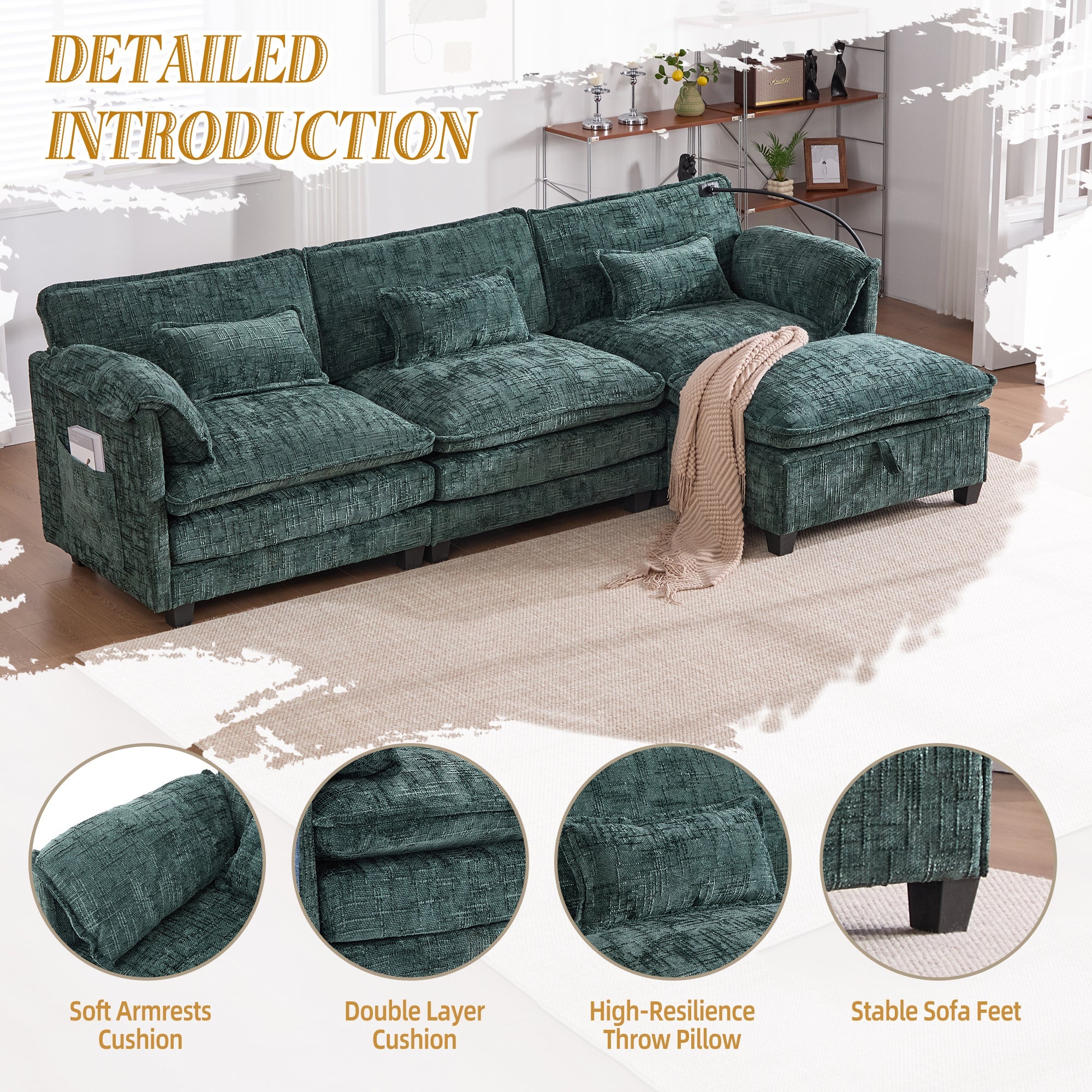 UNITED WE WIN 112' Oversized Sectional Sofa Cloud Couch for Living Room, Modern Chenille L Shaped Couch, Comfy Boucle Modular Sofa Sleeper with Movable Storage Ottoman, Phone Holder, USB Charging Port