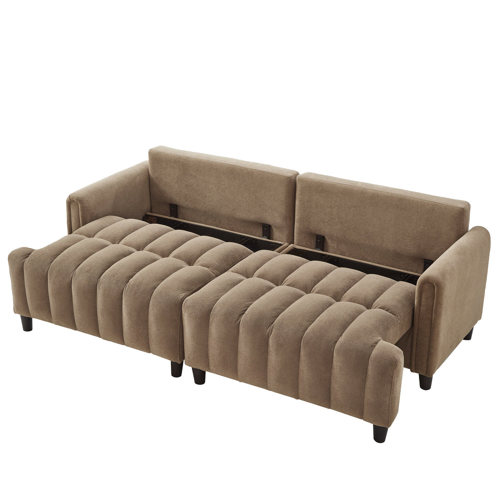 83''  Futon Sofa Bed, Polyester Fabric Comfy Futon Couch Bed with 2 Square Pillows, Convertible Sleeper Sofa with Adjustable Backrest,  Modern Loveseat Sleeper for Living Room, Brown