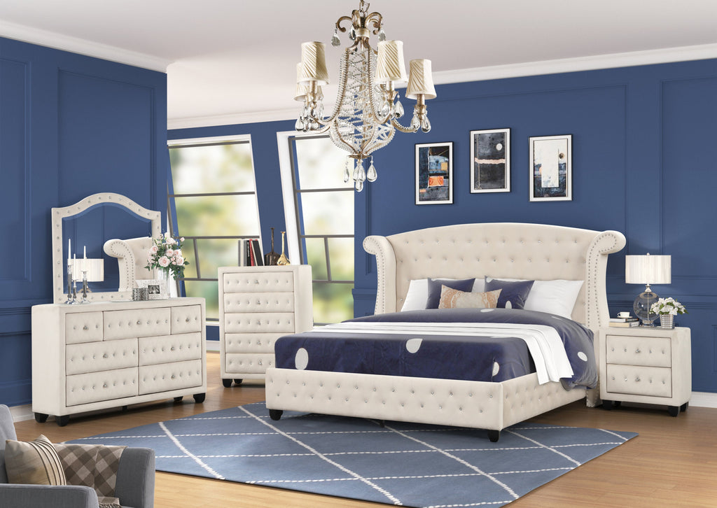SOPHIA Crystal Tufted Full 5 Pc Bed Made with Wood in Cream (NJ INVENTORY)