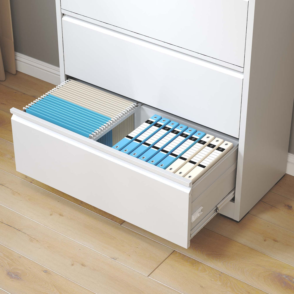 Modern 5-Drawer Steel Lateral File Cabinet with Lock, White Metal Filing Cabinet for Home and Office