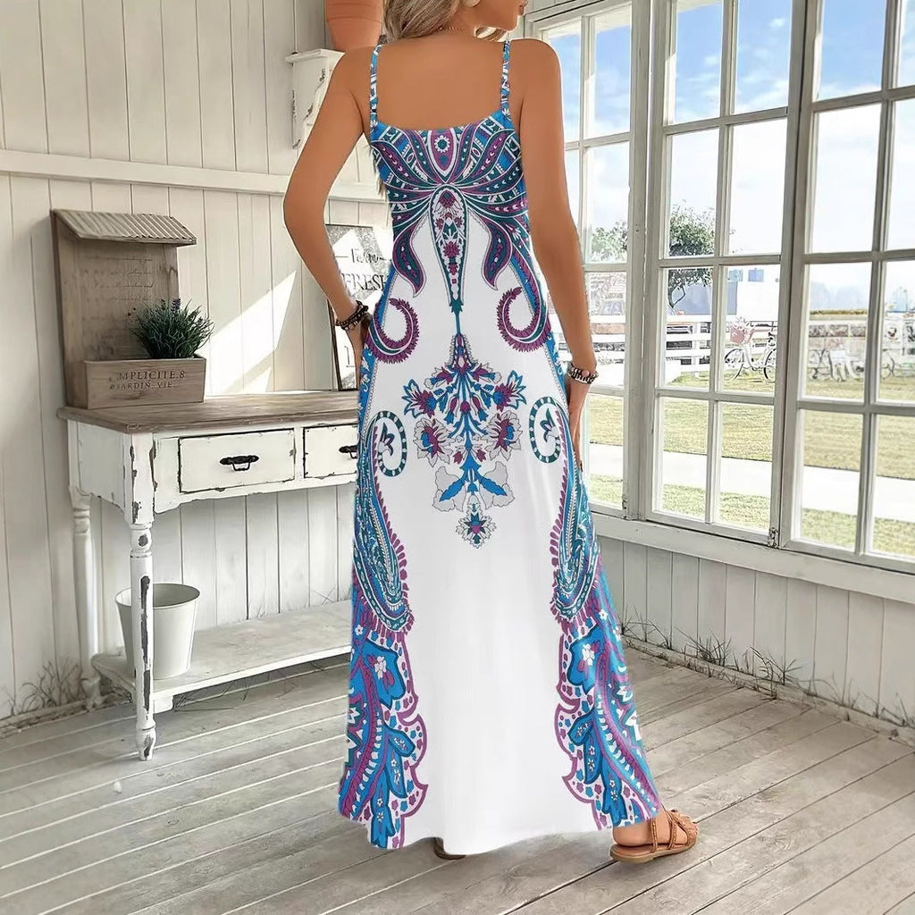 White Handkerchief Design V-neck Sleeveless Print Maxi Dress