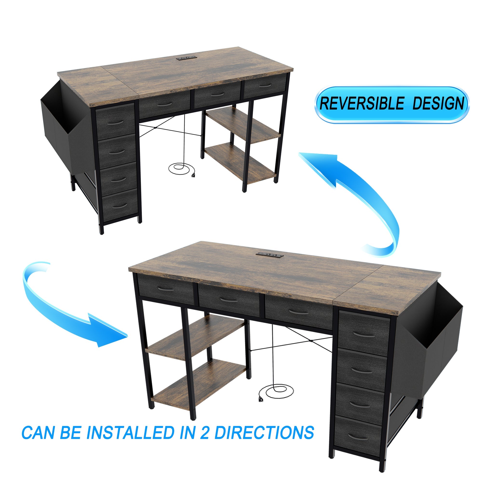 47' Computer Desk With Power Outlet,Writing Desk with 7 Fabric Drawers,Vanity table Drawers and Large Side Pocket,Rustic Brown