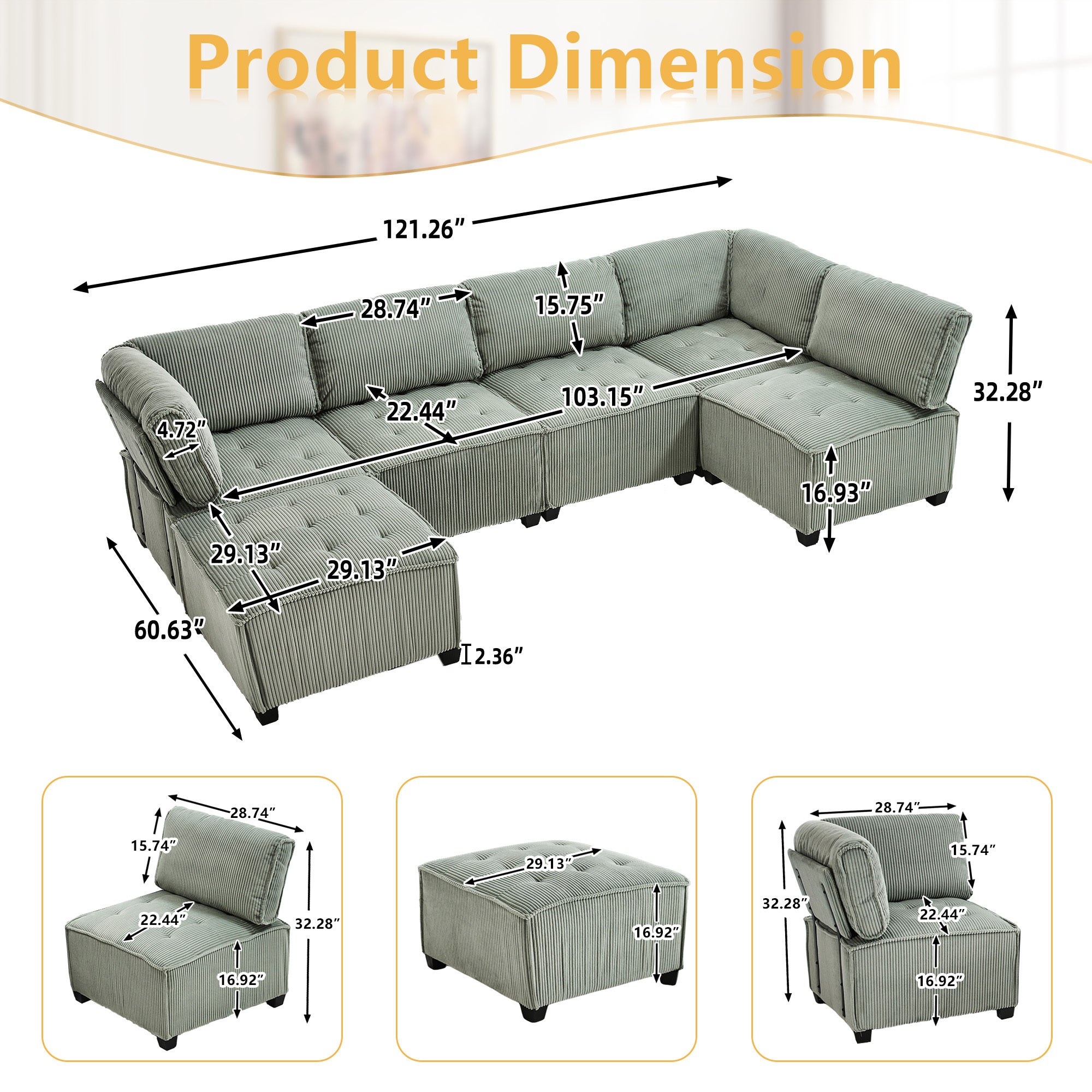 UNITED WE WIN Modular Sectional Sofa U Shaped Modular Couch with Reversible Chaise Modular Sofa Sectional Couch,6- Seat Convertible Sofa,Fit for Living Room