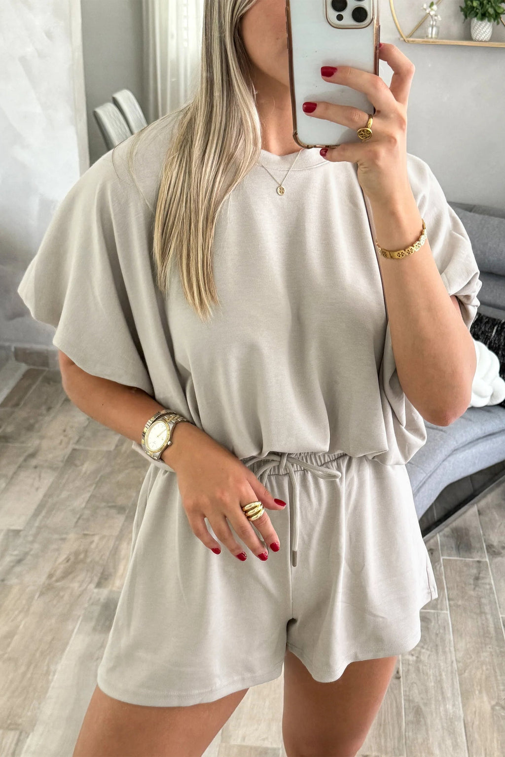 Solid Puff Sleeve Top & Drawstring Shorts Set