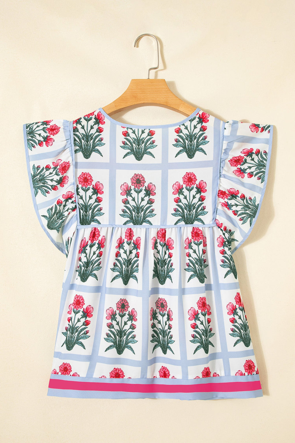 Floral Flutter Sleeve Split V-Neck Top