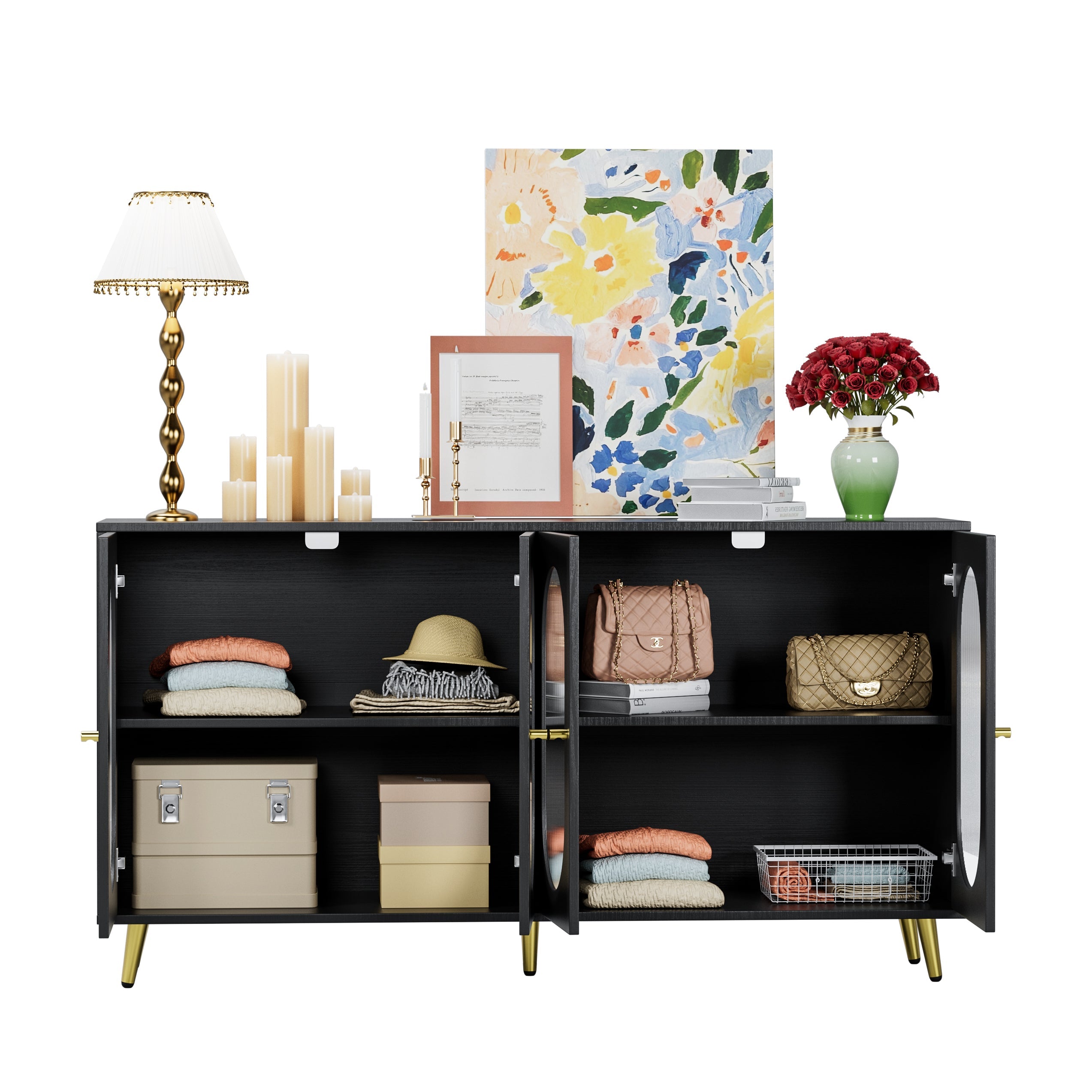 Modern Accent Sideboard Cabinet with Acrylic Doors, Freestanding Storage Cupboard Console Table for Kitchen Dining Living Room Hallway Office, Black