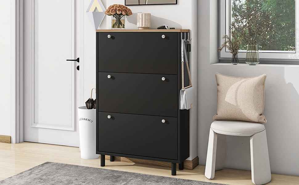 ON-TREND Narrow Design Tipping Bucket Shoe Cabinet with 3 Flip Drawers, Wood Grain Pattern Top Entryway Organizer with 3 Hooks, Free Standing Shoe Rack with Adjustable Panel for Hallway, Black