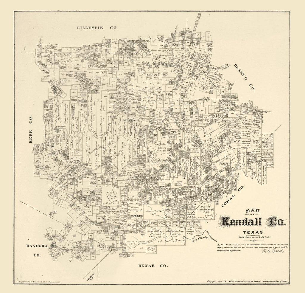 Vintage Map of Kendall County, Texas 1879